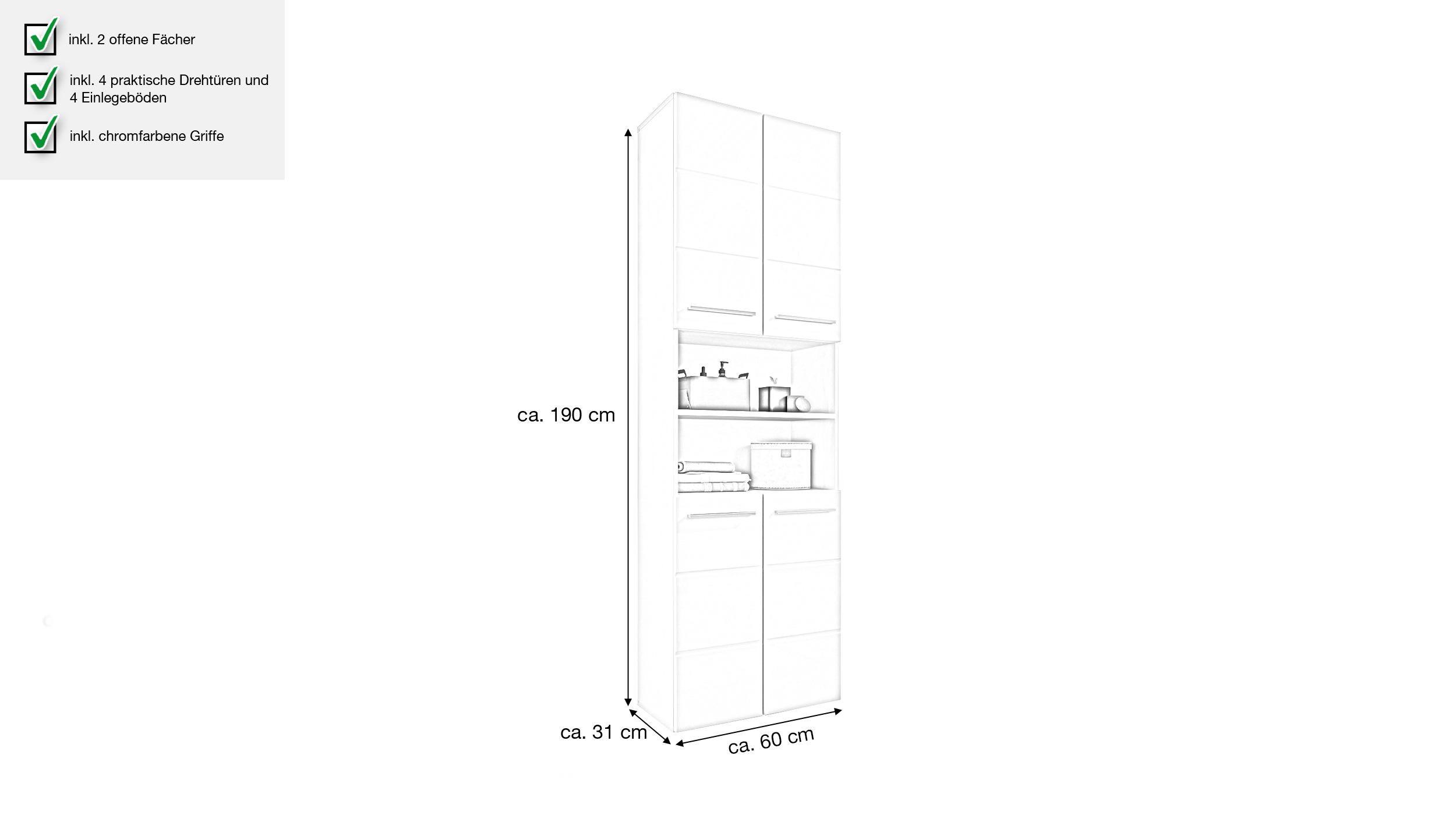 Bad Hochschrank weiß hochglanz 4 Türen Breite 60 cm - MANDY