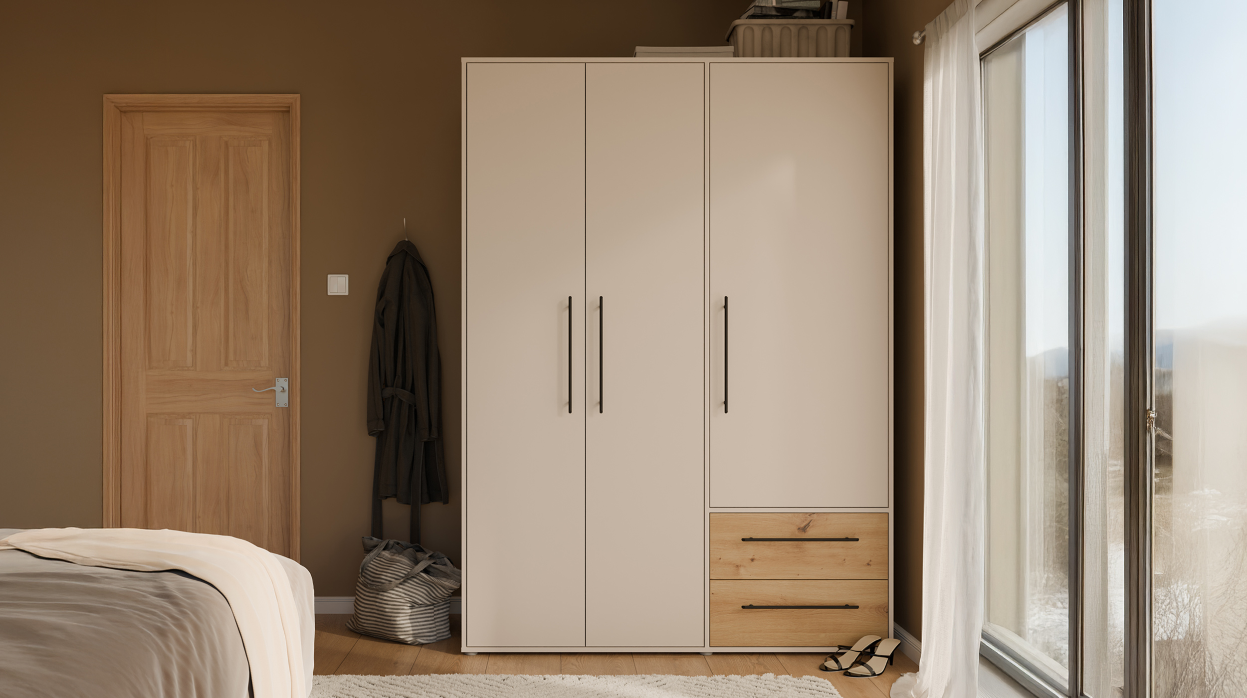 Kleiderschrank beige Artisan Eiche - 144 cm - 3 Türen - MOKKARIS