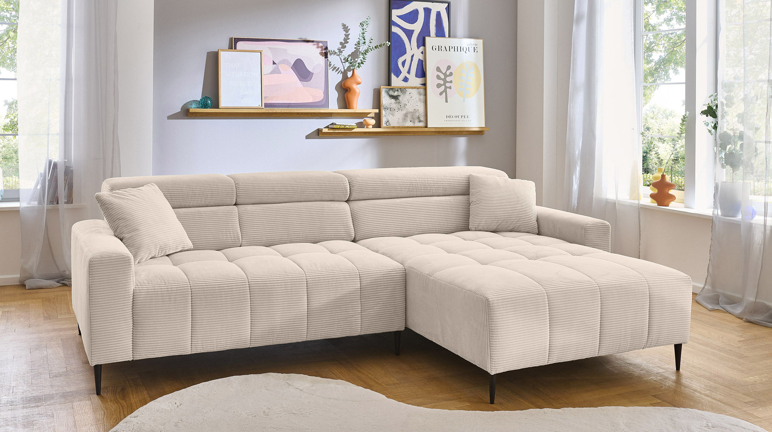 Ecksofa Cord beige ausziehbar - Sitztiefenverstellung 256 cm - OT rechts - SIMPLE Ecksofa Cord beige ausziehbar - Sitztiefenverstellung 256 cm - OT rechts - SIMPLE