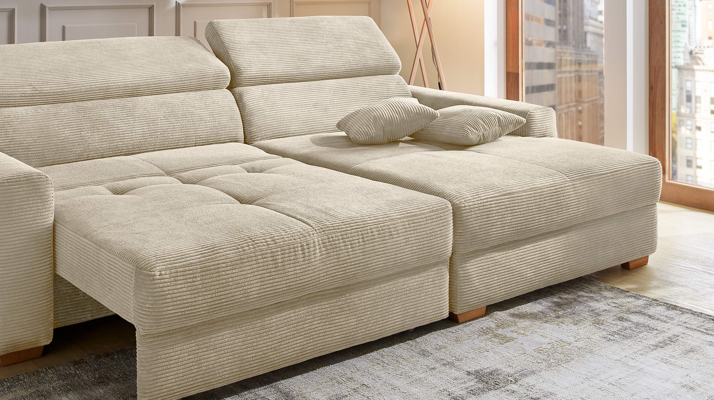 Ecksofa Cord elektrisch ausfahrbar grau-beige 277 cm - SLIDER