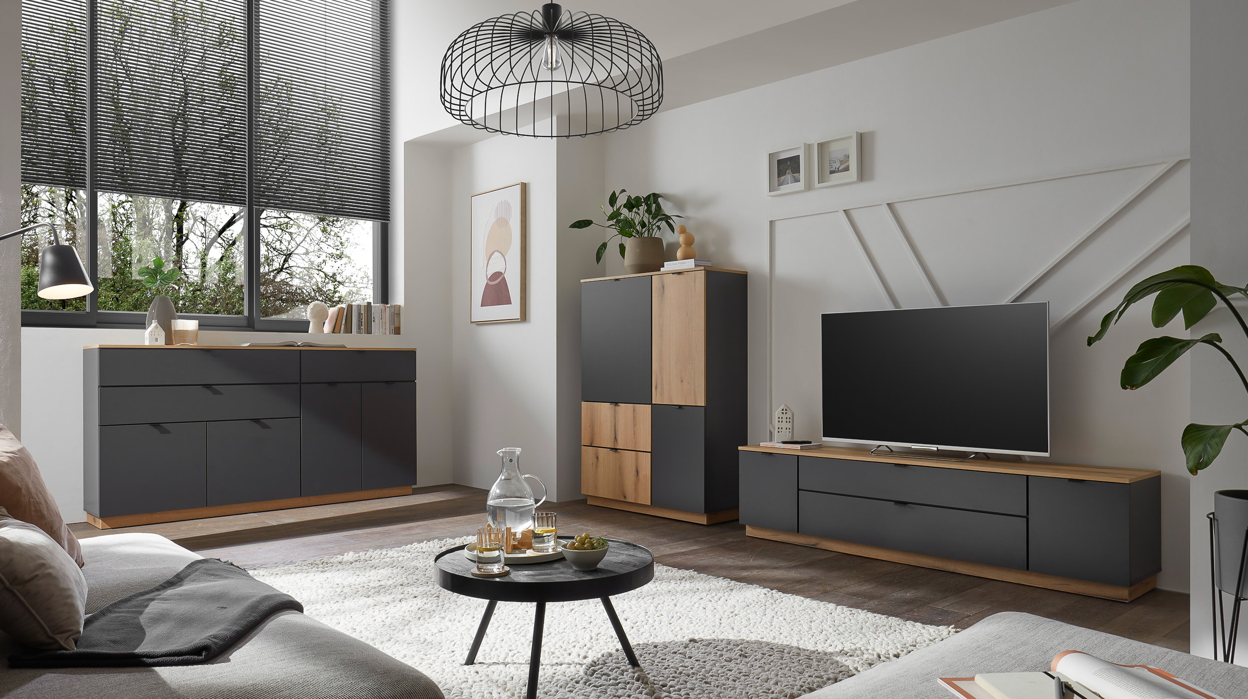 Highboard 3 Türen 2 Schubladen anthrazit - Eiche 103 cm - VINCE