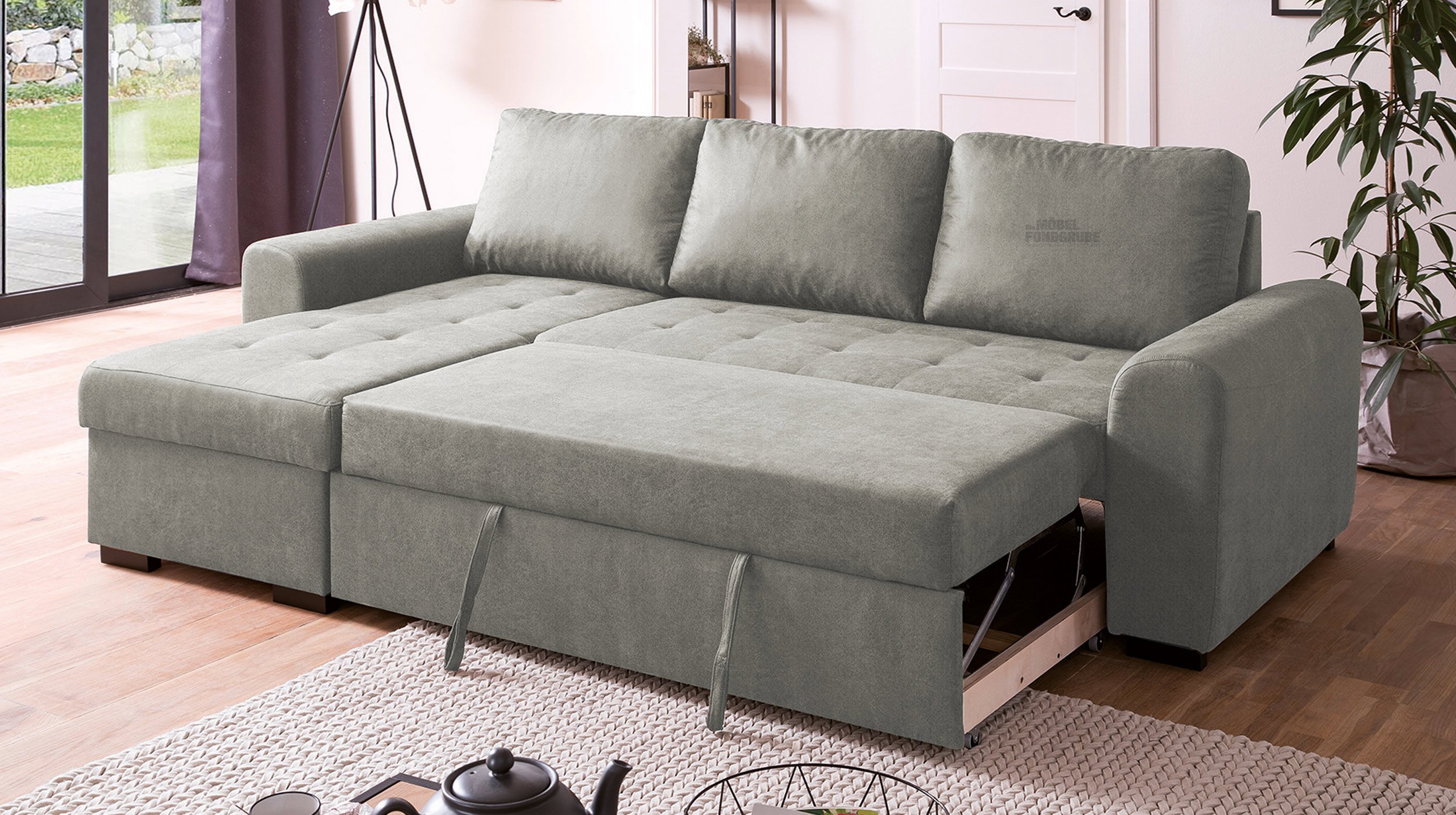 Ecksofa mit Schlaffunktion grau 243 x 155 cm Bettkasten POLL