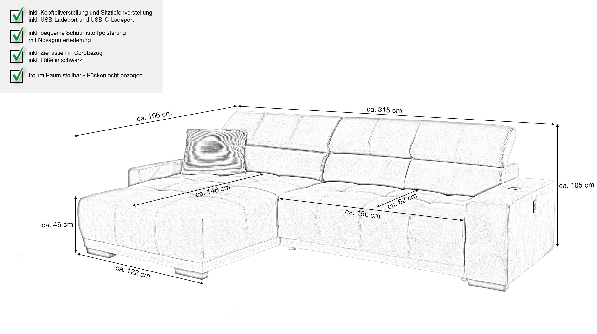 Ecksofa grau 315 cm mit Sitztiefenverstellung - LE MANS