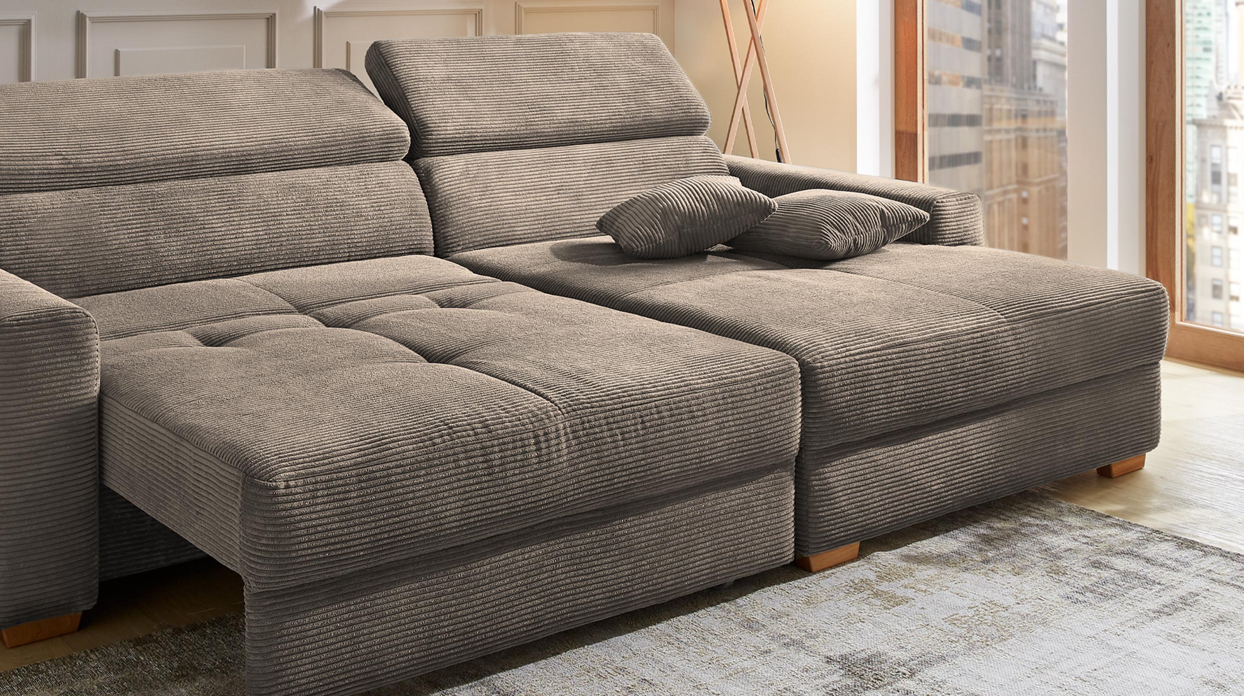 Ecksofa Cord taupe ausziehbar - Sitztiefenverstellung 277 cm - SLIDER