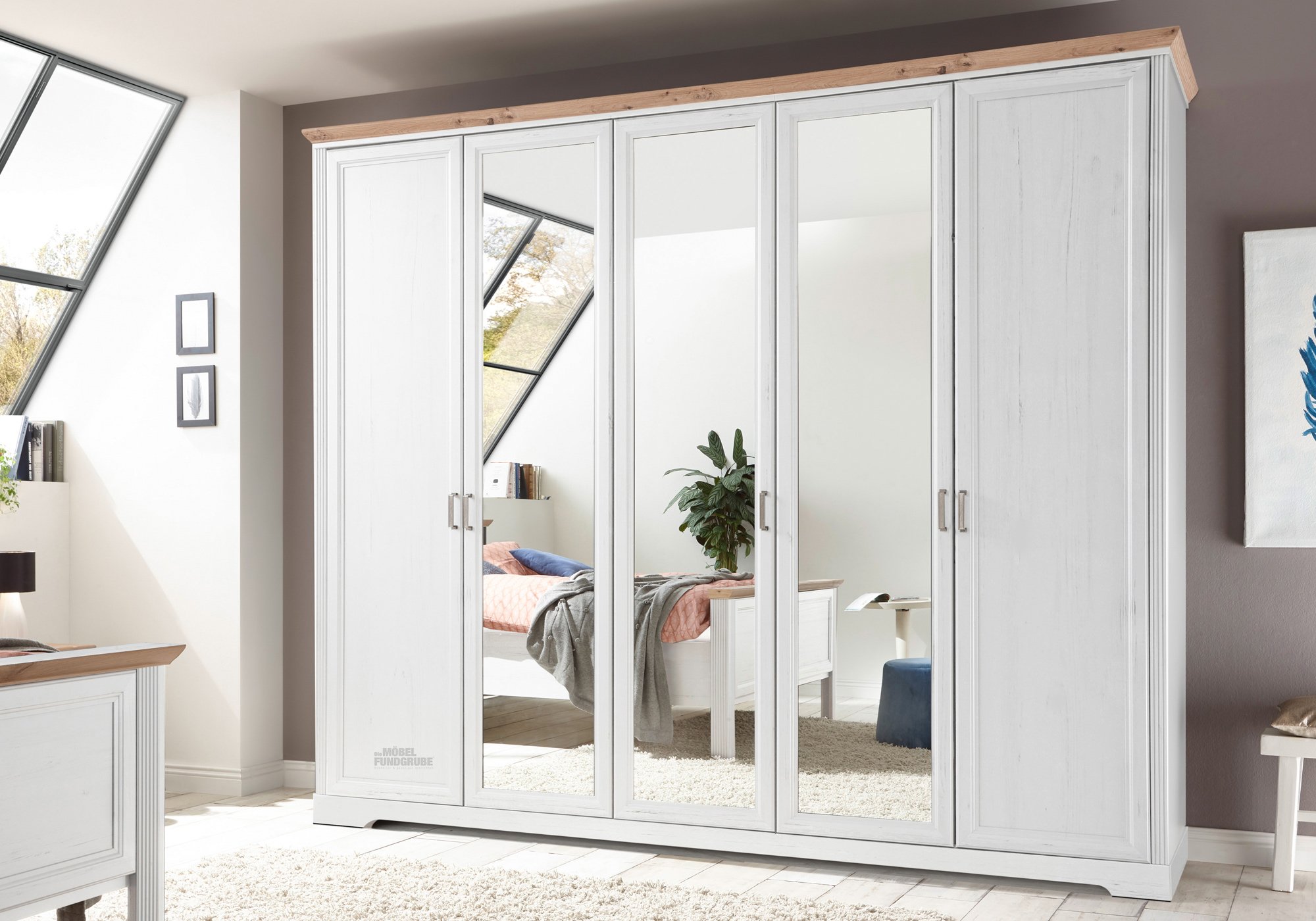 Kleiderschrank mit Spiegel - weiß - Artisan Eiche - 266 cm - JASMIN