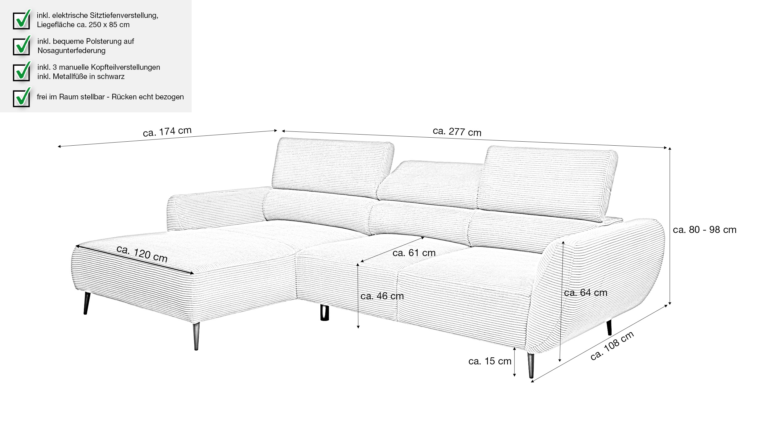 Ecksofa beige Cord elektrisch ausfahrbar 277 cm - OT links - AVELINO