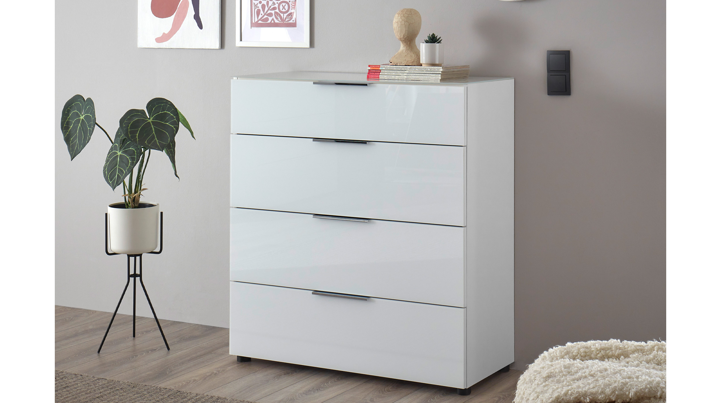 Kommode 4 Schubladen - weiß - Glasfront - 90 cm - SANTORIN