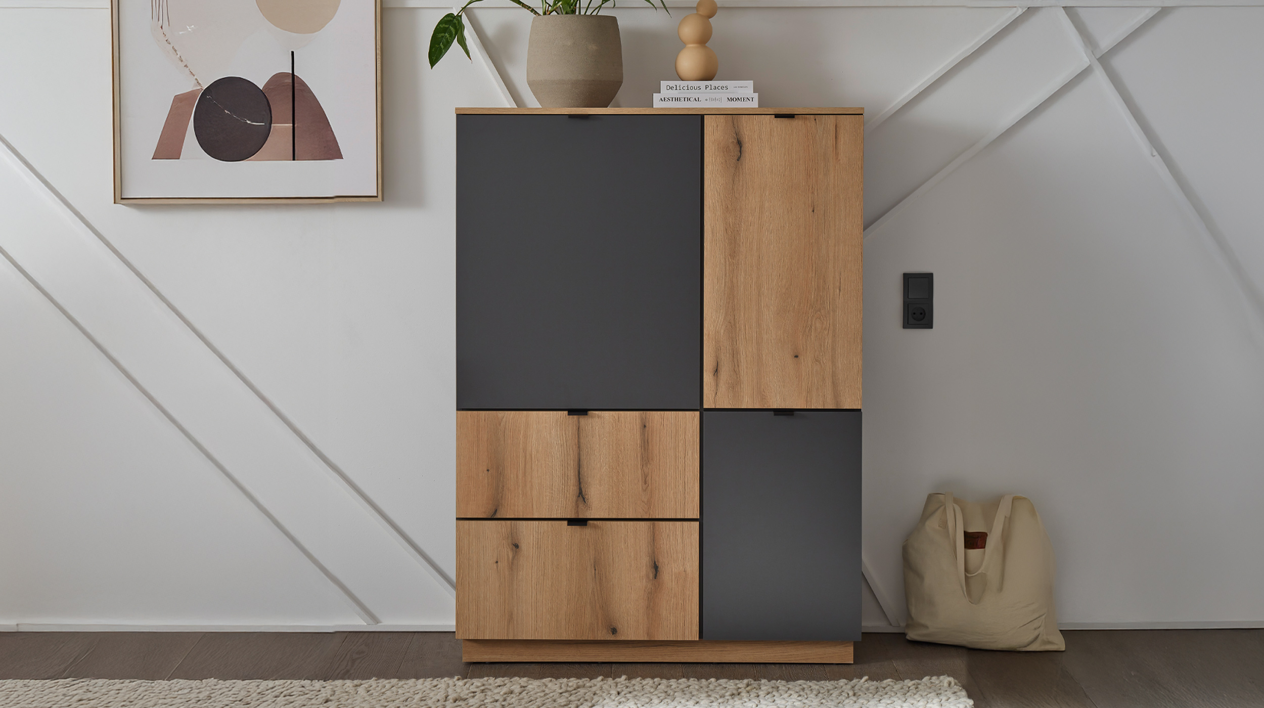 Highboard 3 Türen 2 Schubladen anthrazit - Eiche 103 cm - VINCE