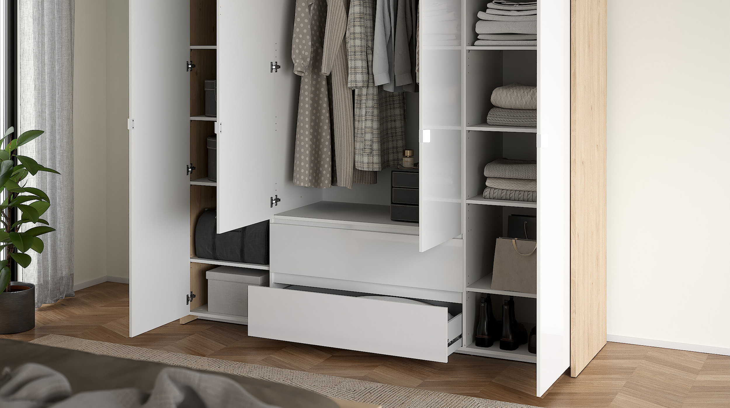 Kleiderschrank 197 cm weiß hochglanz - Jackson Hickory 4-türig - NEXT