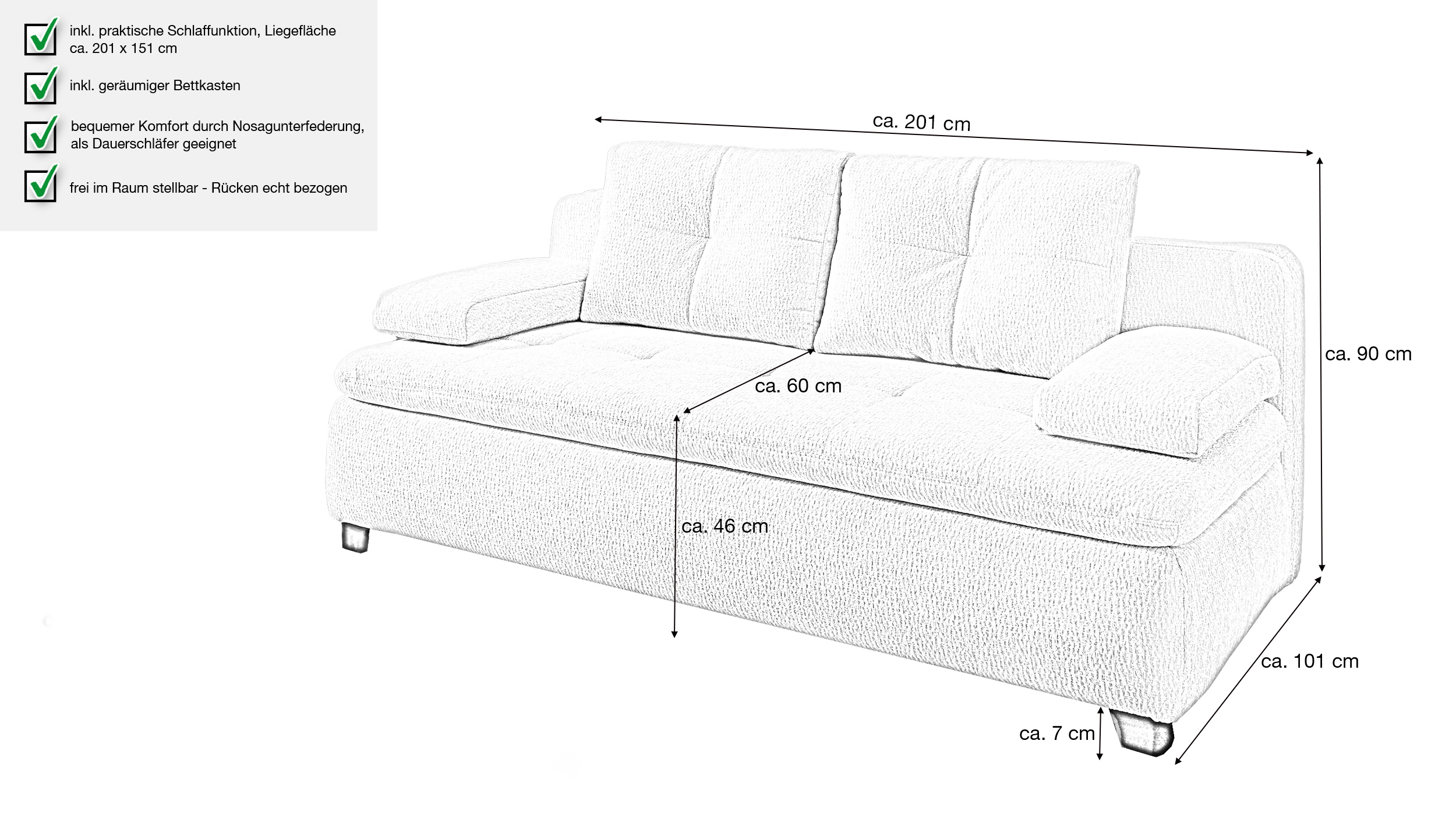 Schlafsofa grau Bettkasten Dauerschläfer 201 cm - BALU