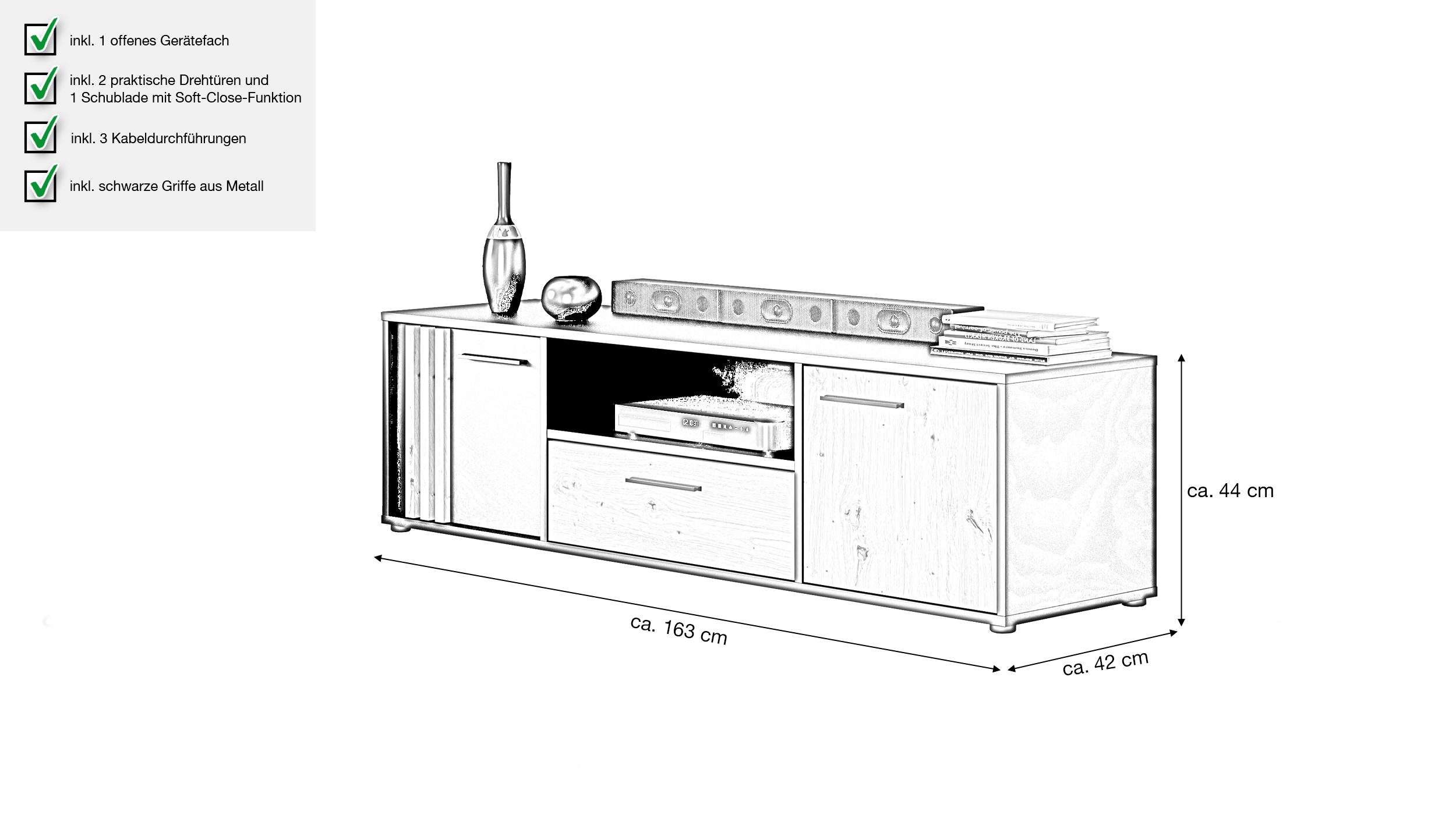 TV - Lowboard Artisan Eiche - schwarz 163 cm TV-Board - CARDIGAN