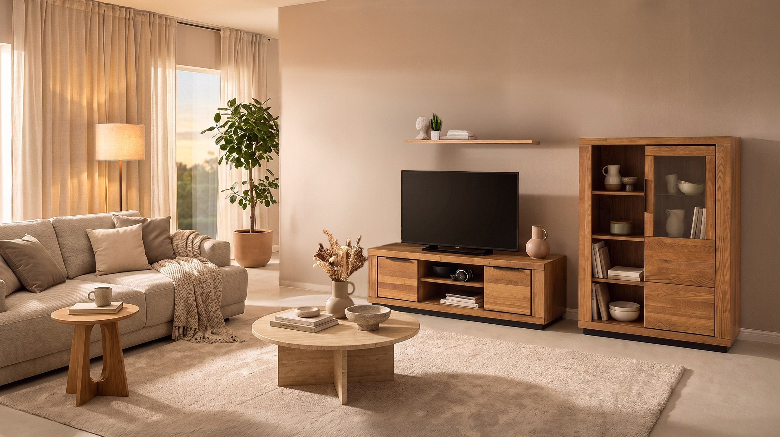 Wohnzimmer-Set Wildeiche 3-teilig mit Highboard und TV-Lowboard - GRENO