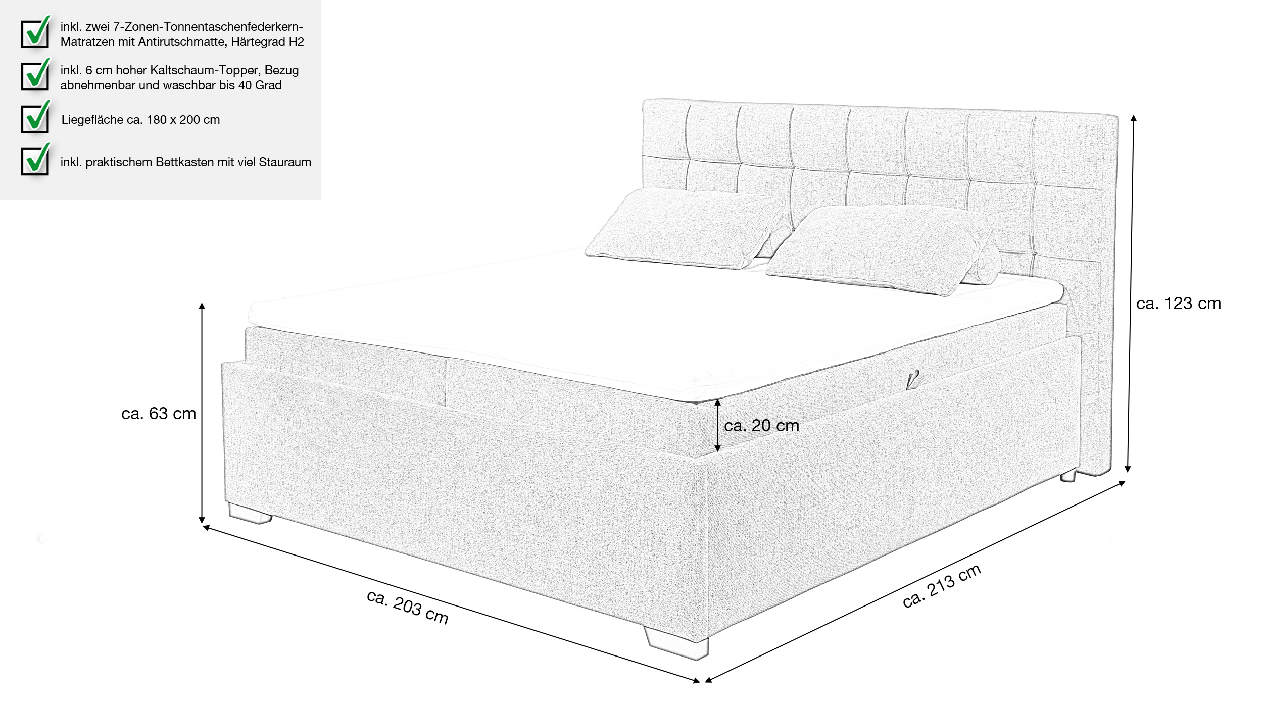 Boxbett 180 x 200 cm mit Bettkasten grau Stoffbezug - ARTOS