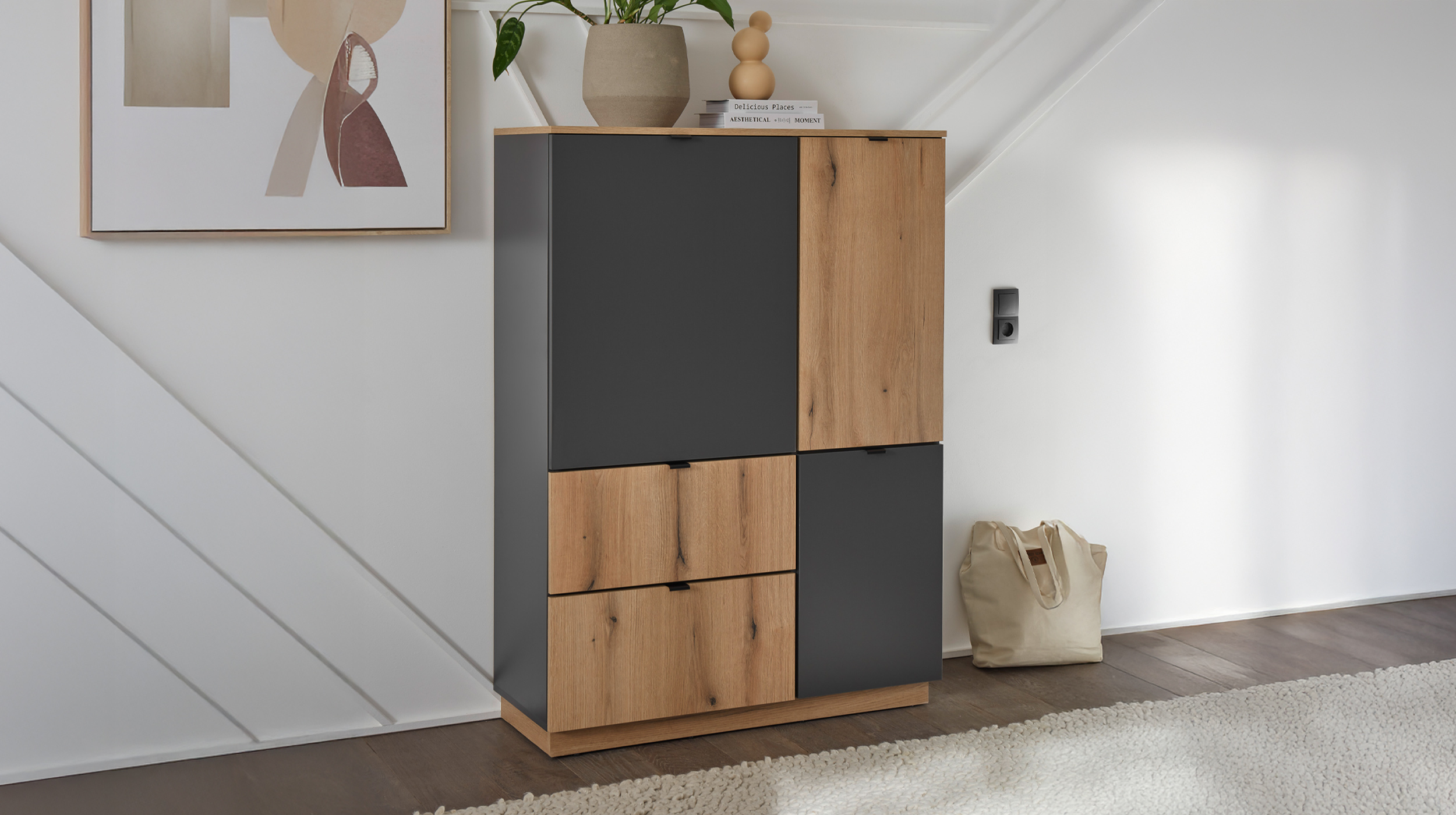 Highboard 3 Türen 2 Schubladen anthrazit - Eiche 103 cm - VINCE