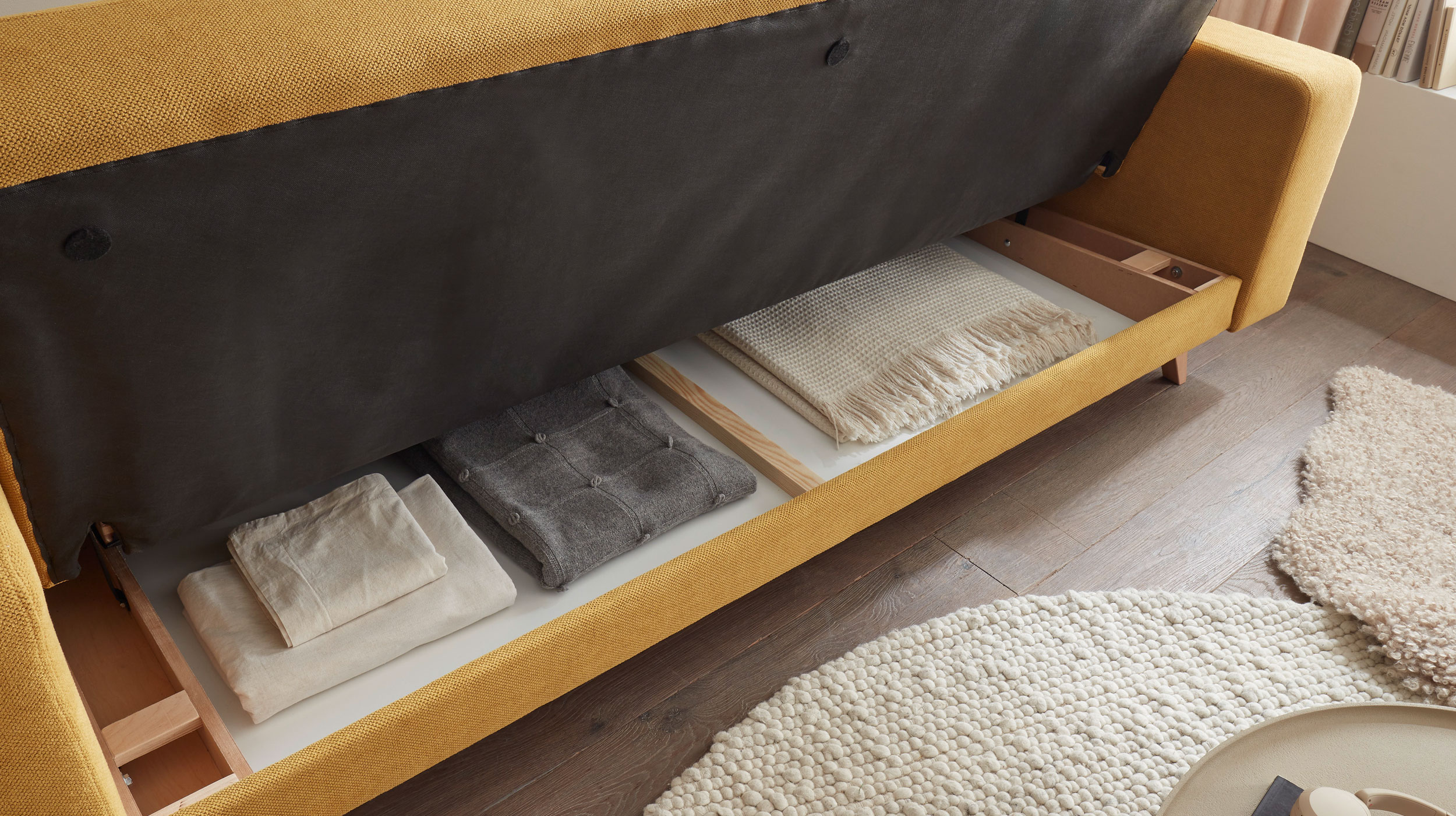 Einzelsofa 3-Sitzer gelb Schlaffunktion Bettkasten 230 cm - TRANDAL