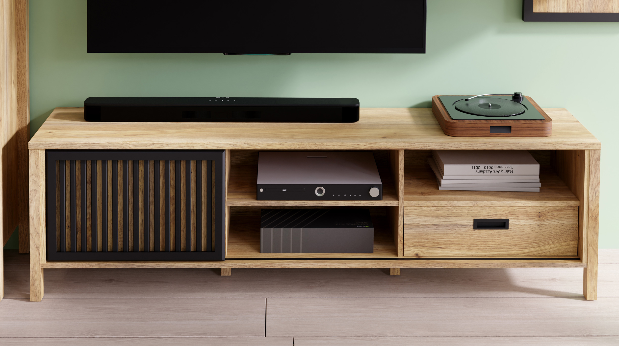 TV-Lowboard - Schiebetür - Mauvella Eiche - schwarz - 175 cm - JYTANA
