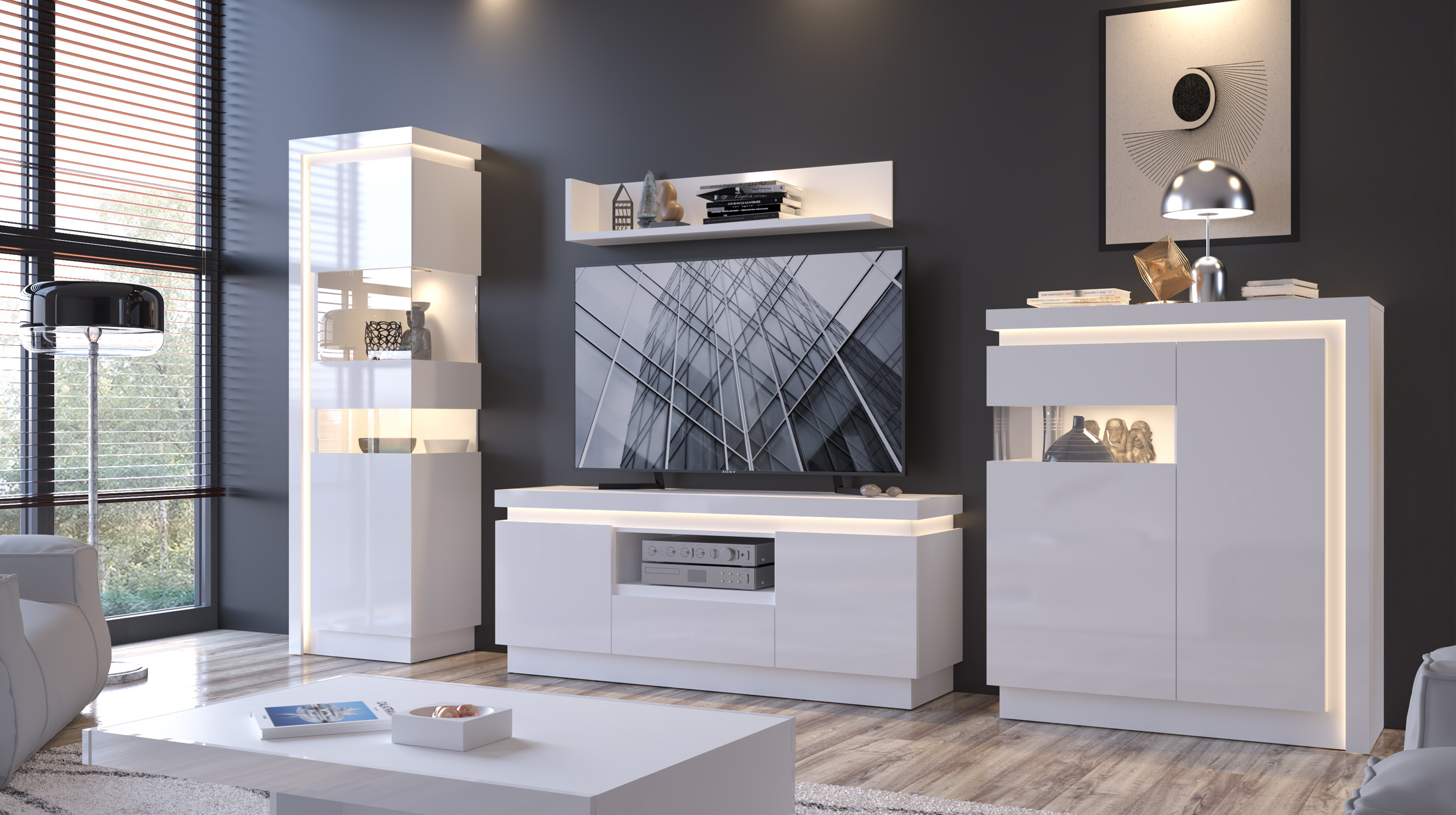 Vitrine mit Beleuchtung weiß Hochglanz Breite 60 cm - LYON