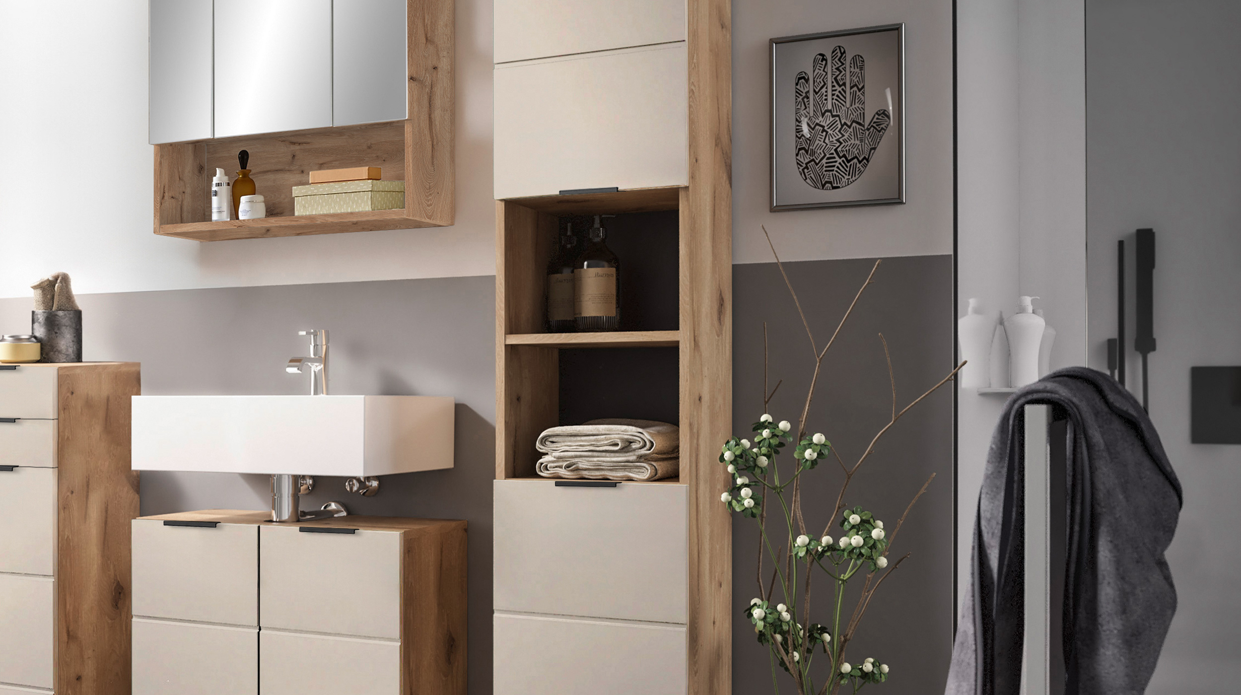 Bad Hochschrank Viking Eiche - beige 2 Türen Breite 34 cm - KRETA