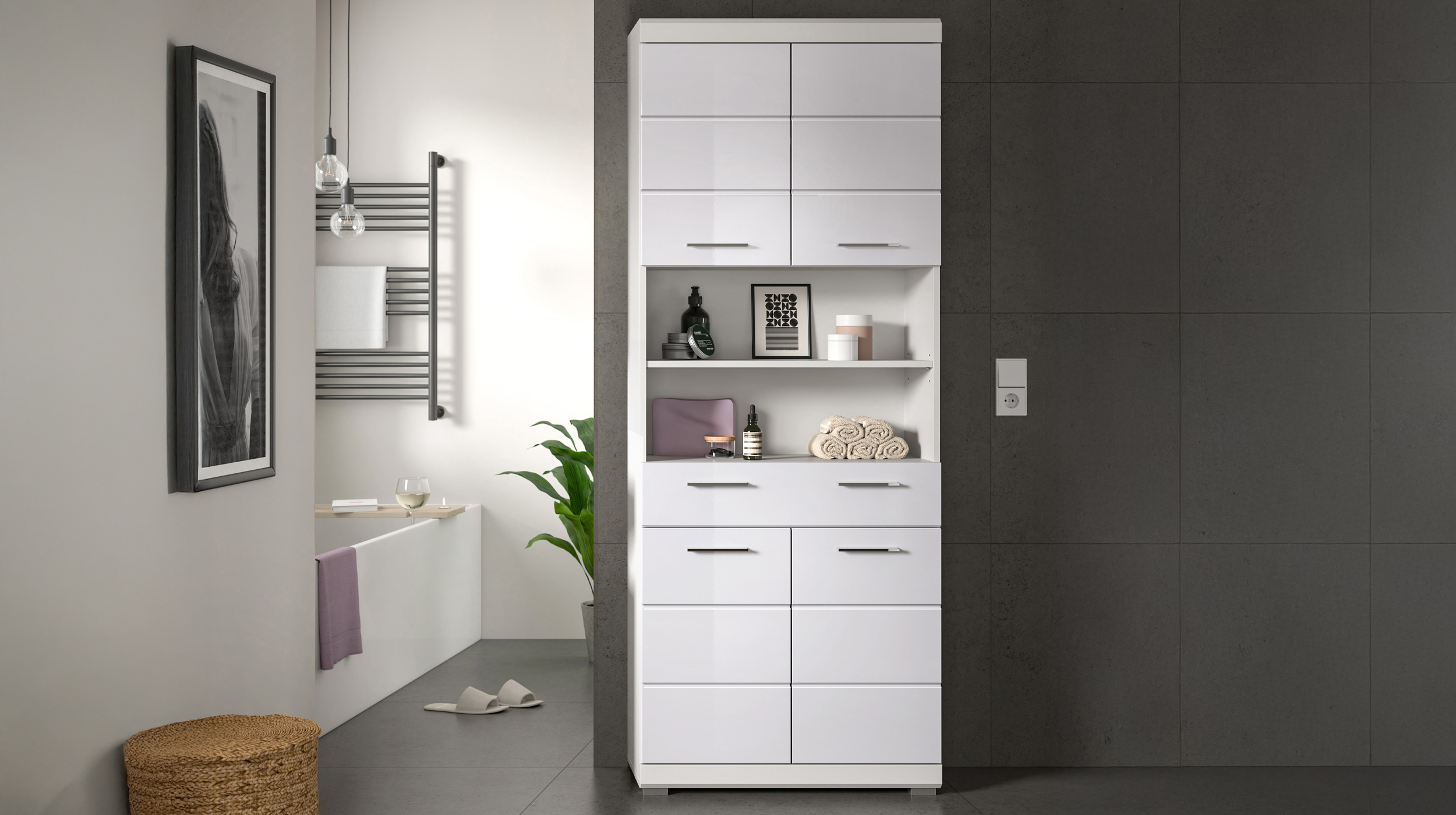 Bad Hochschrank weiß hochglanz 4 Türen Breite 74 cm - SCOUT