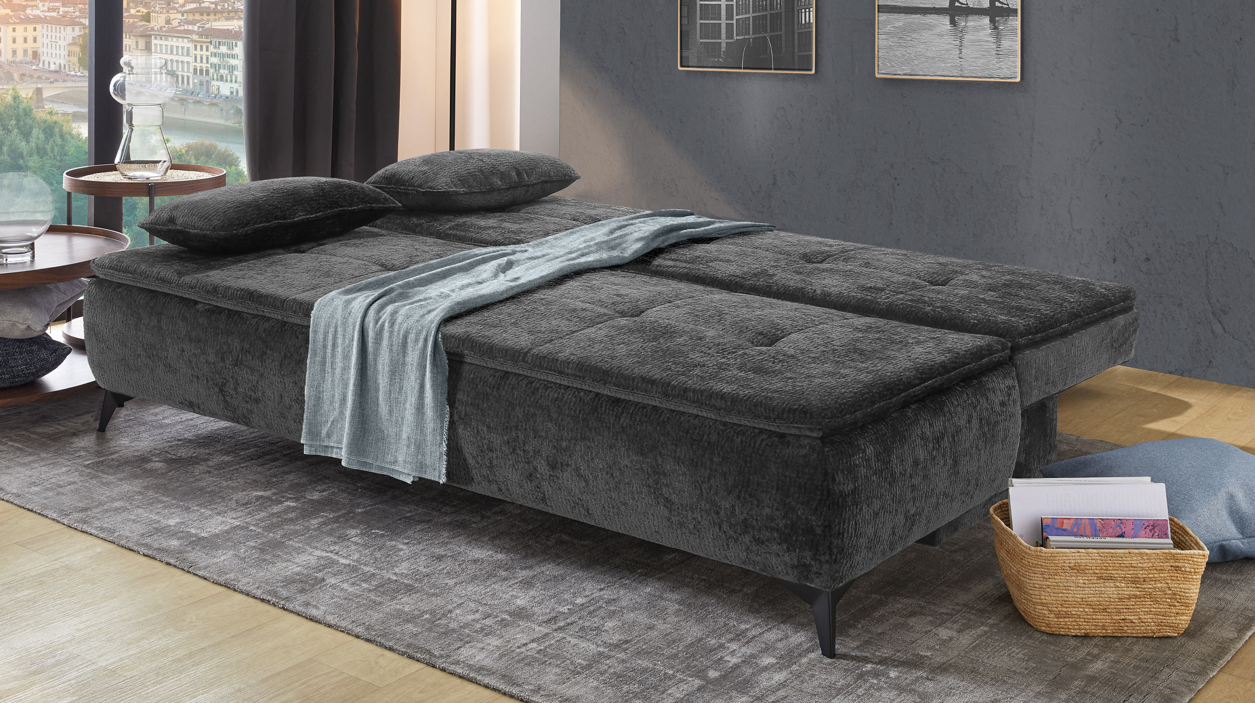 Schlafsofa grau 204 cm mit Bettkasten - Dauerschläfer - LIVENTO 