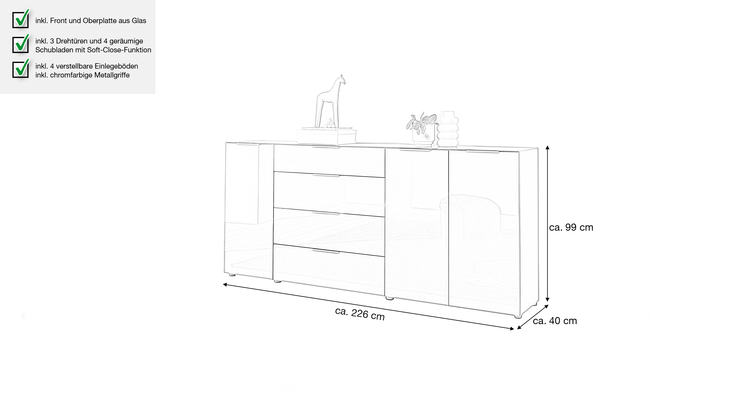 Sideboard 4 Schubladen - weiß - Glasfront - 226 cm - SANTORIN