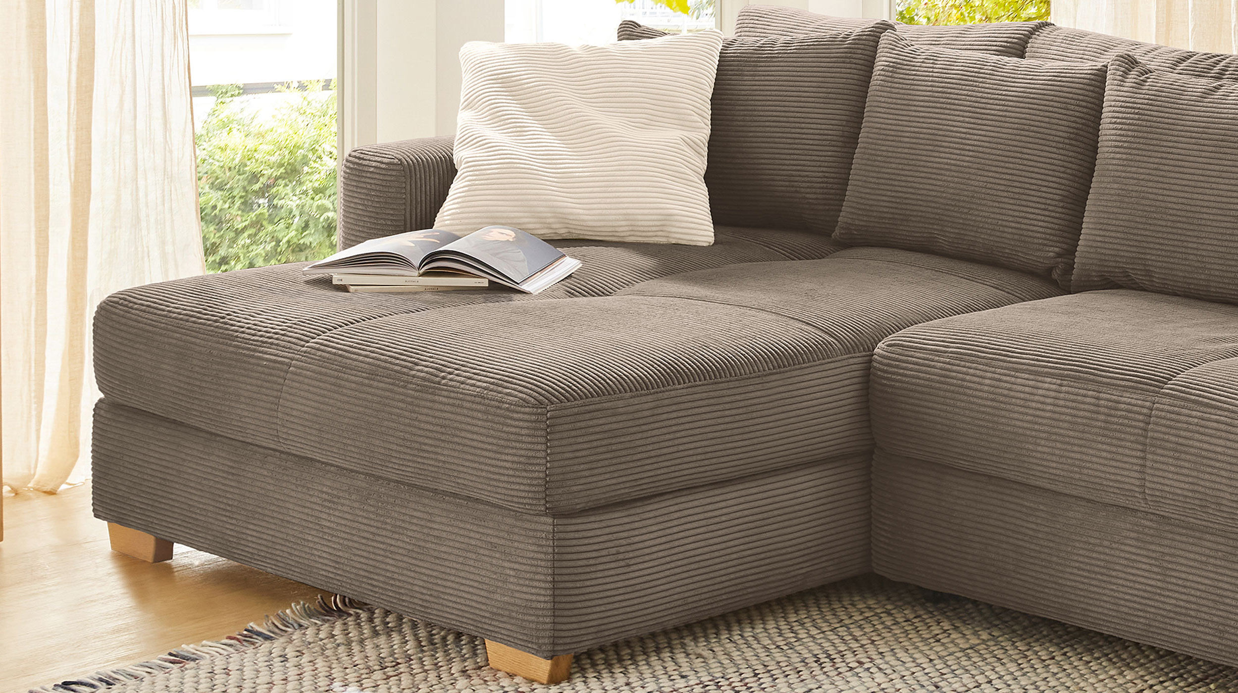 Ecksofa Cord taupe Schlaffunktion Bettkasten 288 x 186 cm - KAMPEN