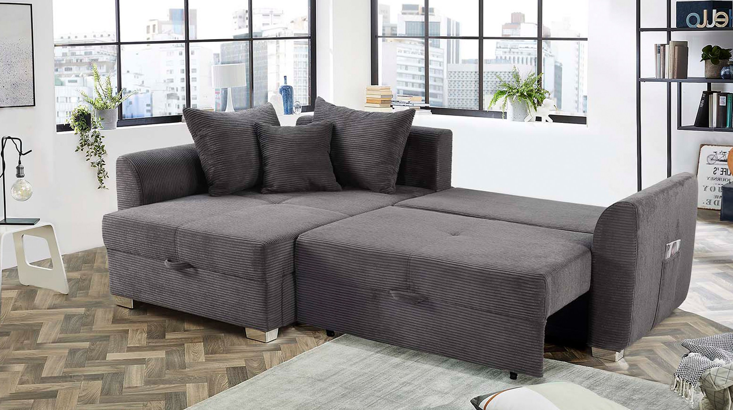 Ecksofa Cord grau Schlaffunktion Bettkasten 236 cm- BOOMER