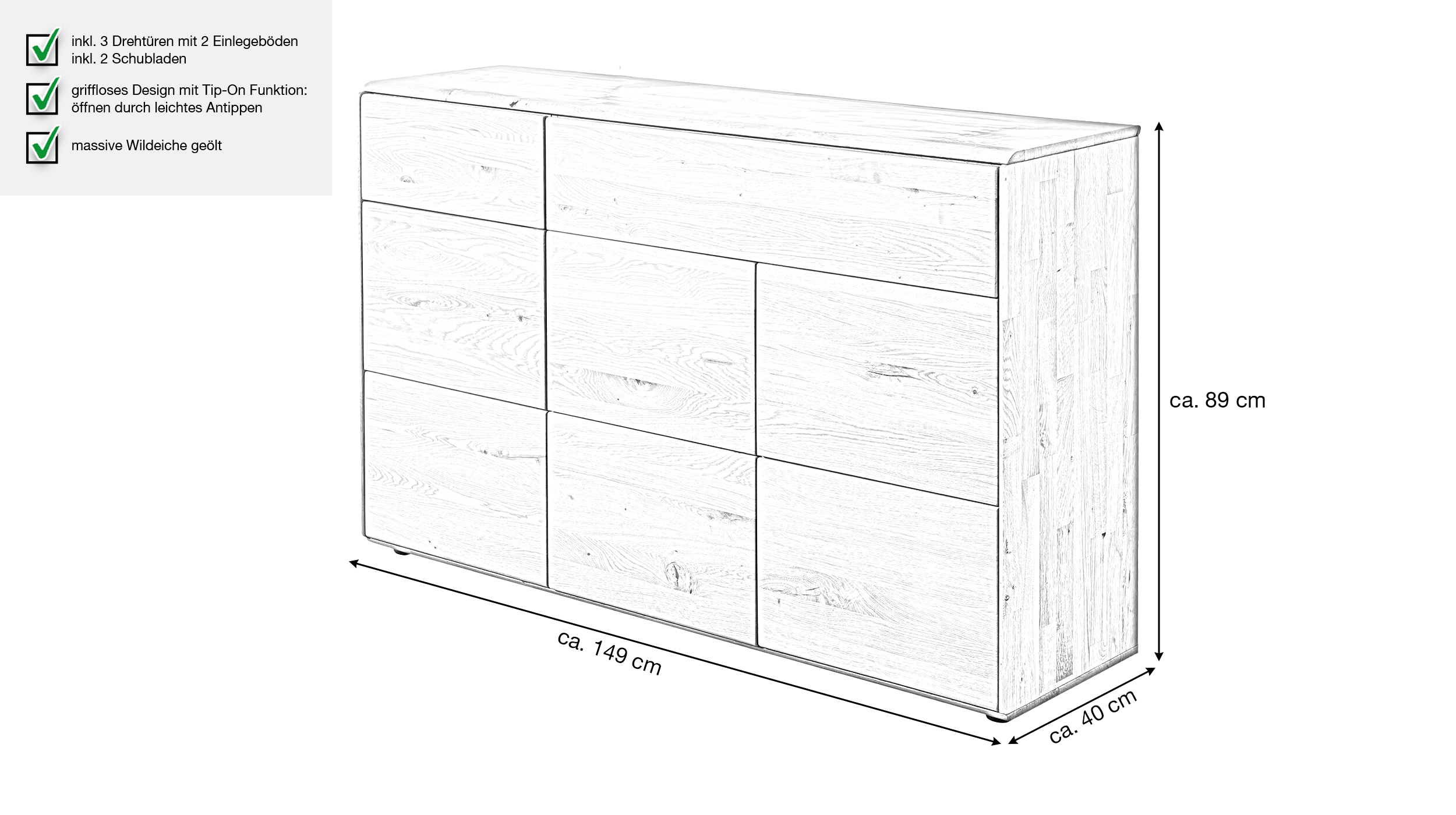 Kommode mit 2 Schubladen Wildeiche massiv geölt 149 cm - SKOV