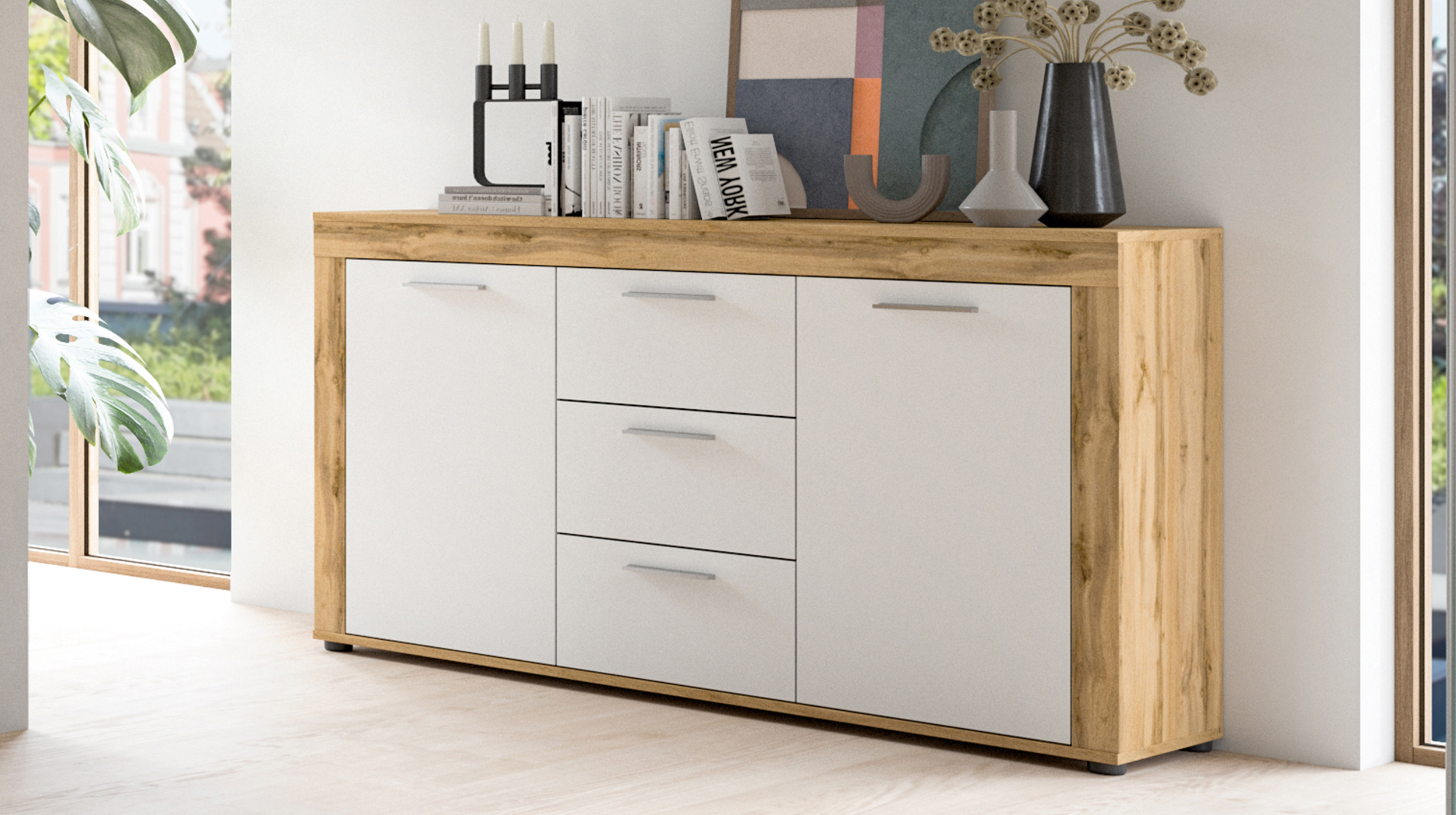Sideboard mit 3 Schubladen weiß Wotan Eiche 125 cm - JAM