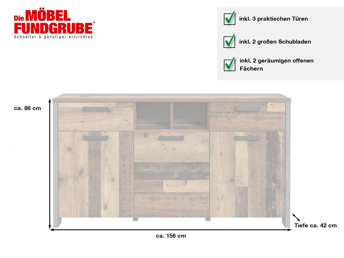Sideboard mit 2 Schubladen Old Wood Vintage - Betonoptik 156 cm - CLIF