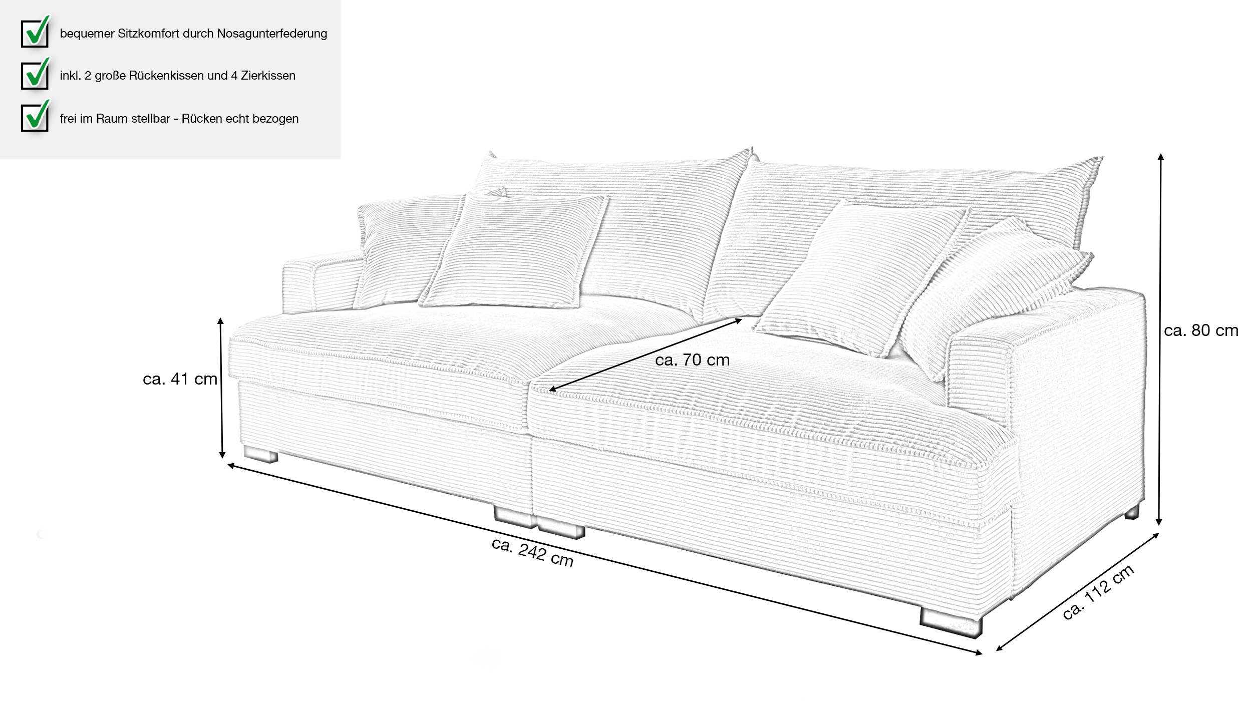 Big Sofa beige Cordbezug 242 cm - Nosagunterfederung - TRIBECCA 