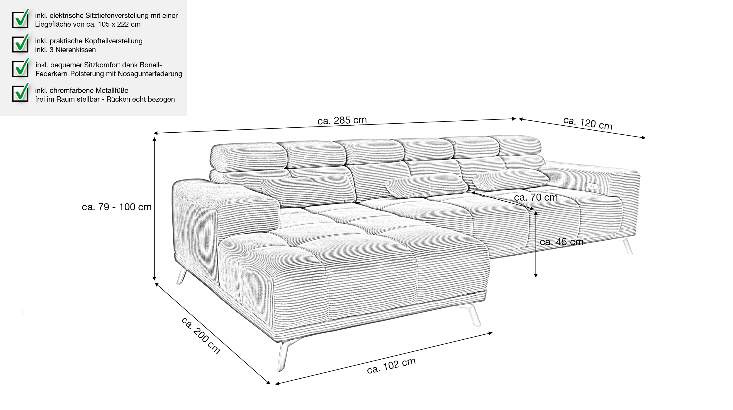 Ecksofa Cord grau elektrisch ausfahrbar 285 cm - OT links - SPEED