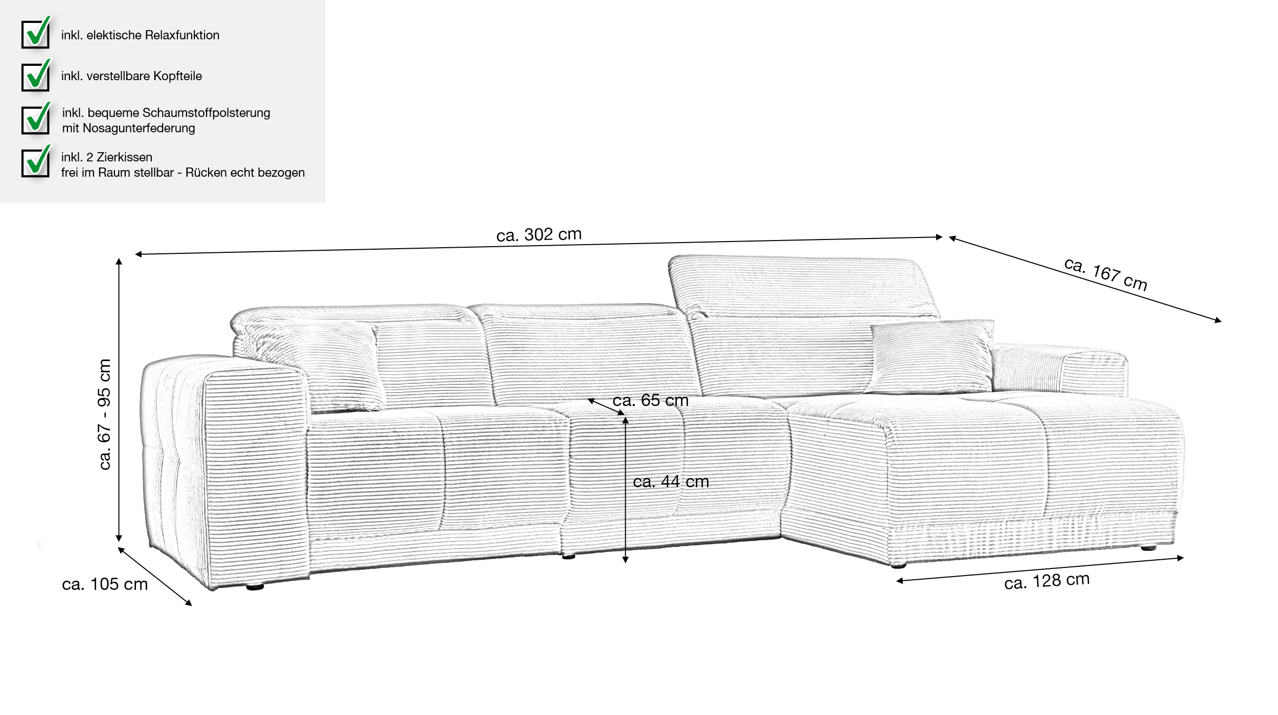 Ecksofa Cord beige 302 x 167 cm mit Relaxfunktion - OT rechts - TONI