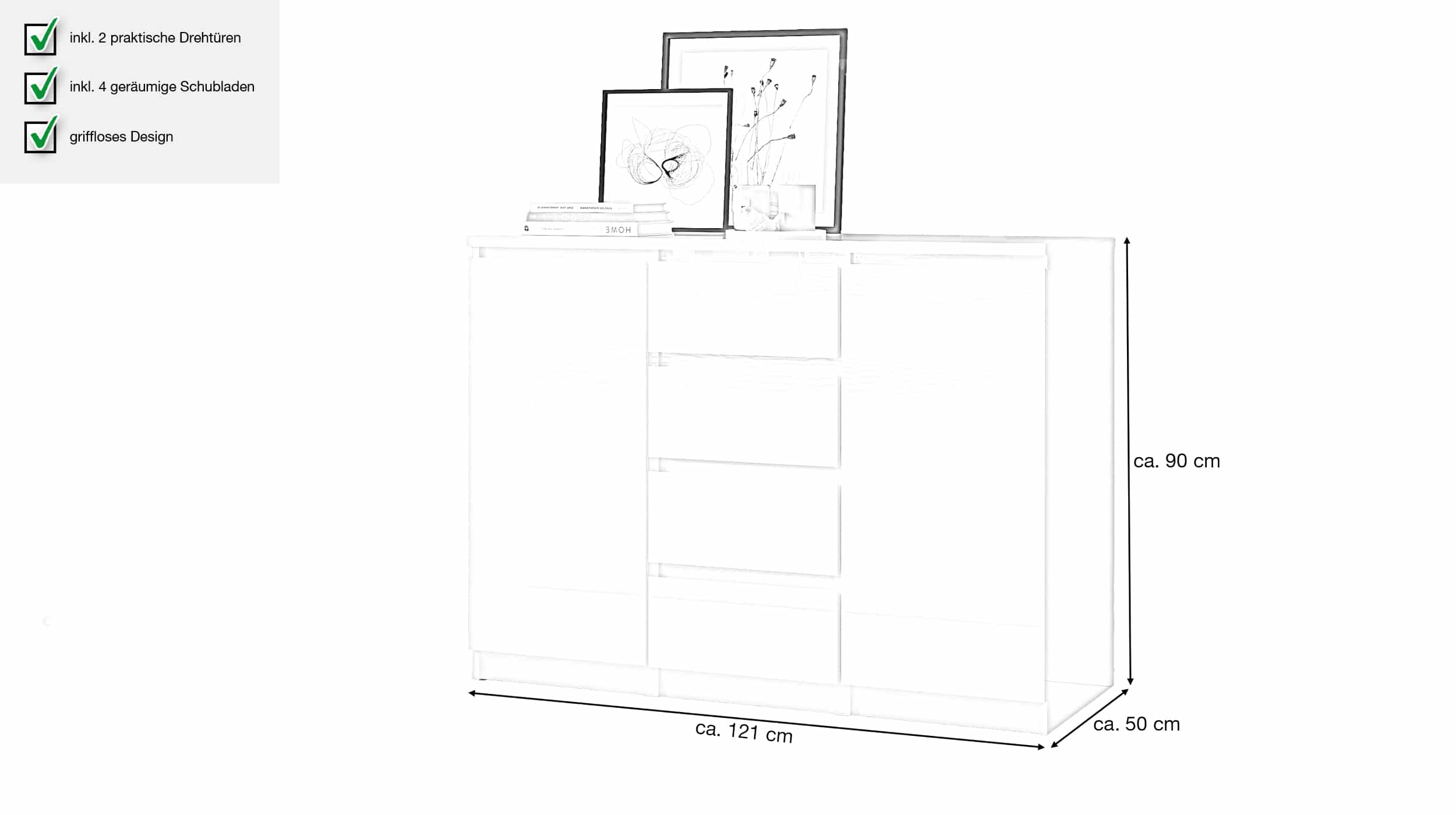 Sideboard mit 4 Schubladen weiß Hochglanz 121 cm - NAIA 