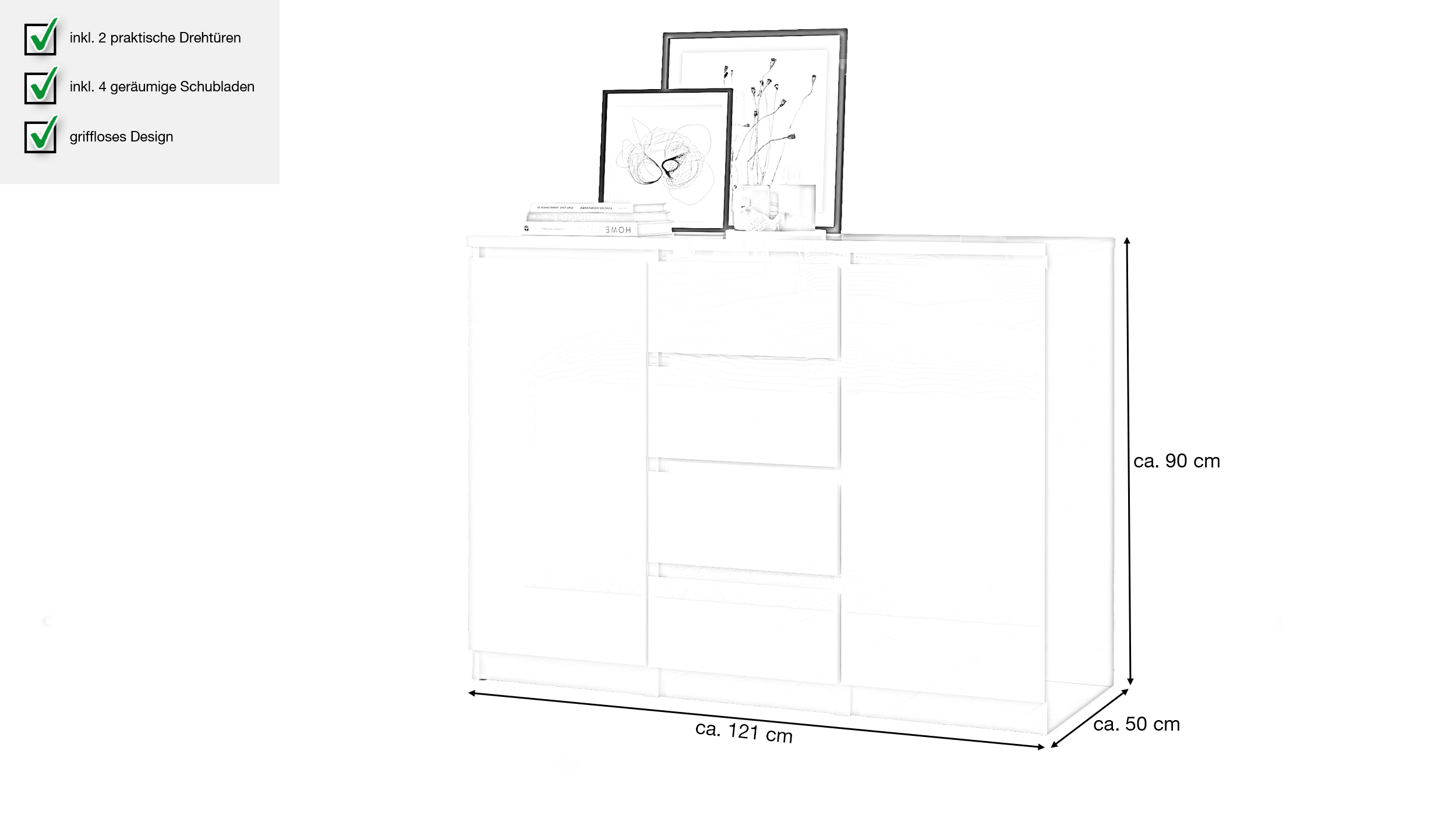 Sideboard mit 4 Schubladen weiß hochglanz 121 cm - NAIA 