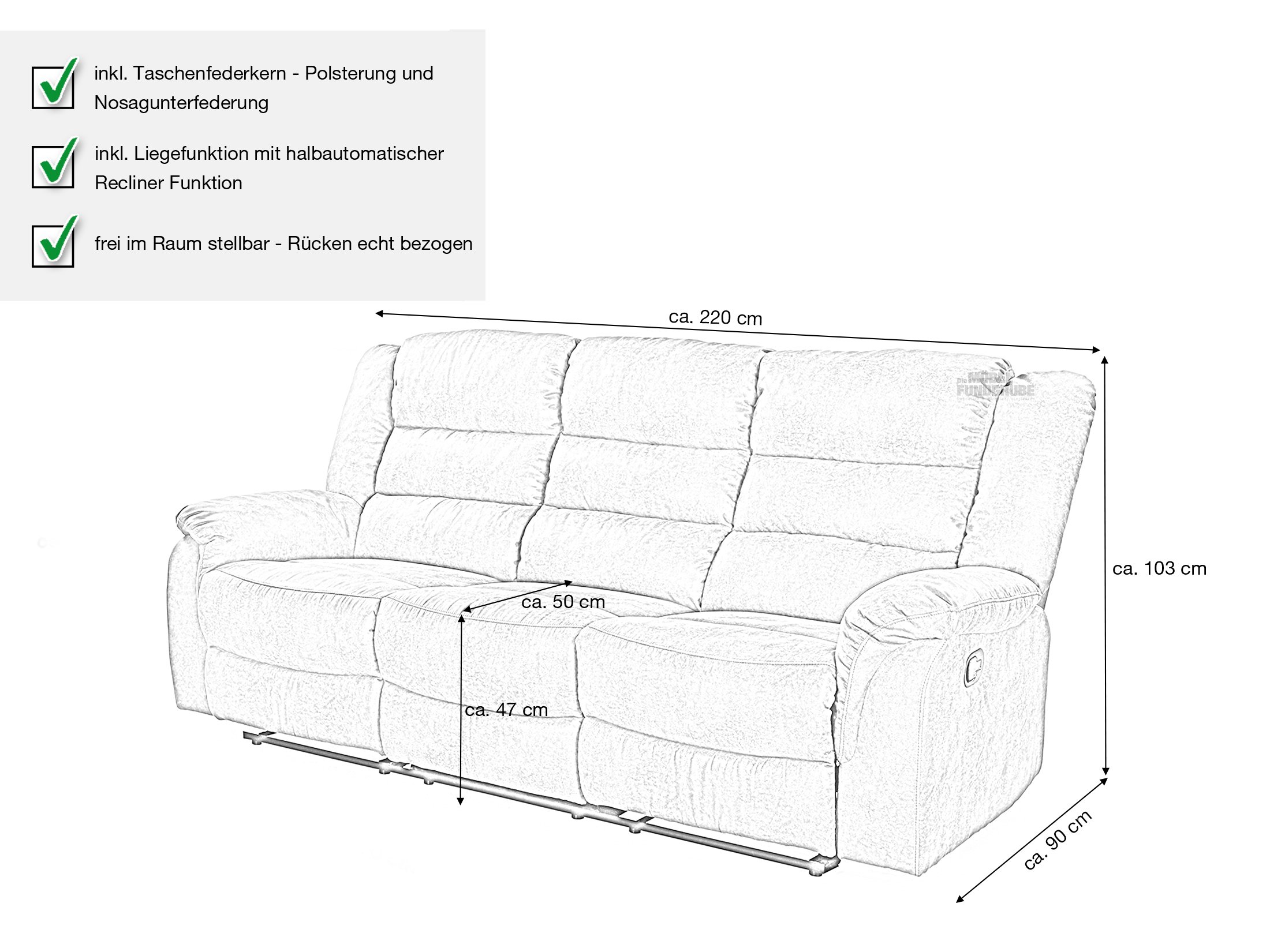 Einzelsofa 3-Sitzer braun 220 cm Liegefunktion - CLEVELAND