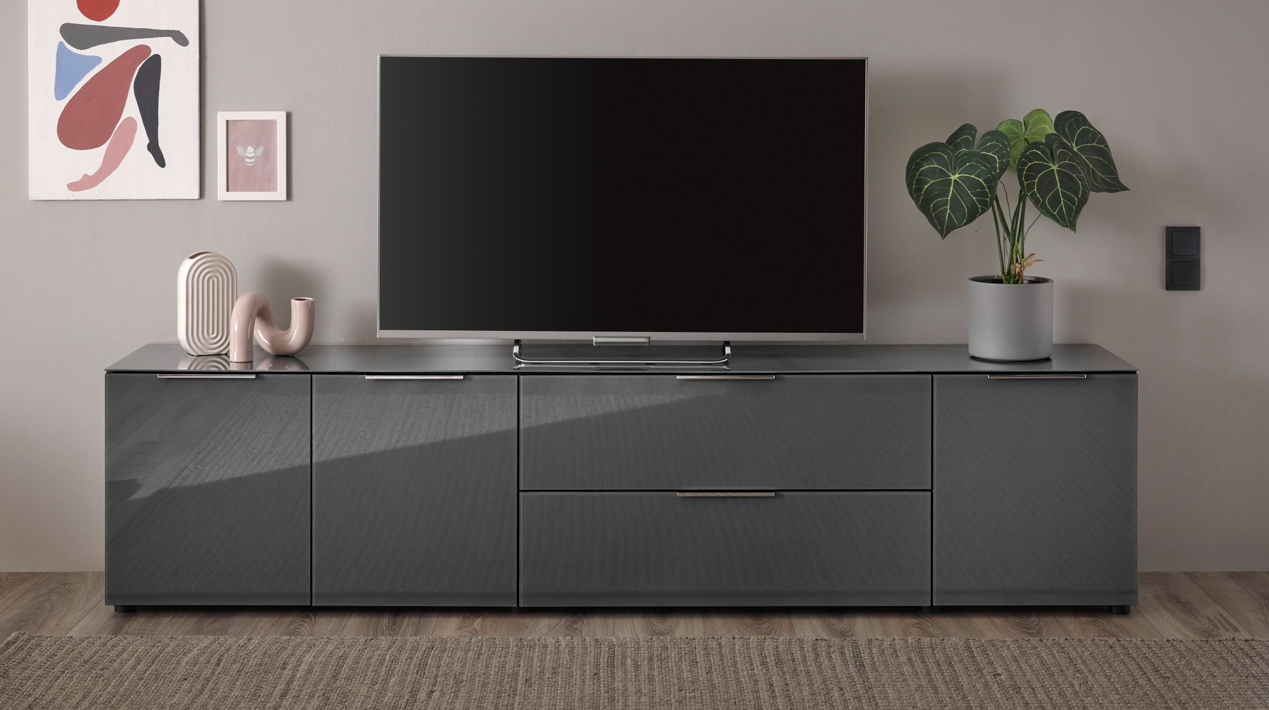 TV-Lowboard anthrazit - Glasfront - 226 cm - SANTORIN