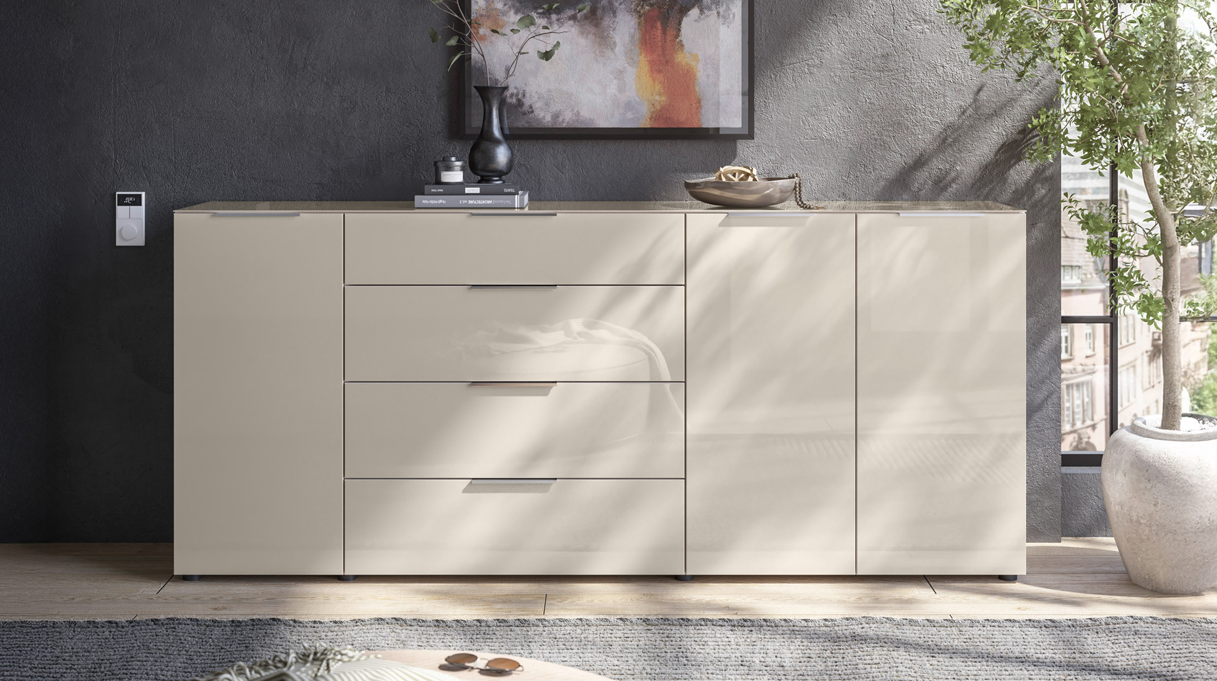 Sideboard 4 Schubladen - beige - Glasfront - 226 cm - SANTORIN