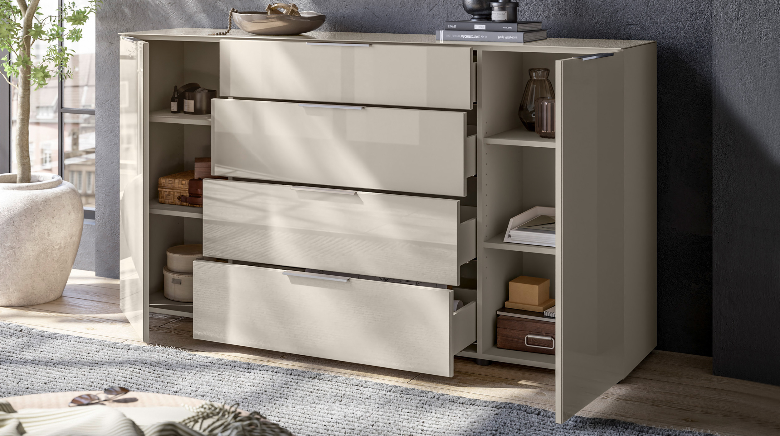 Sideboard 4 Schubladen - beige - Glasfront - 180 cm - SANTORIN