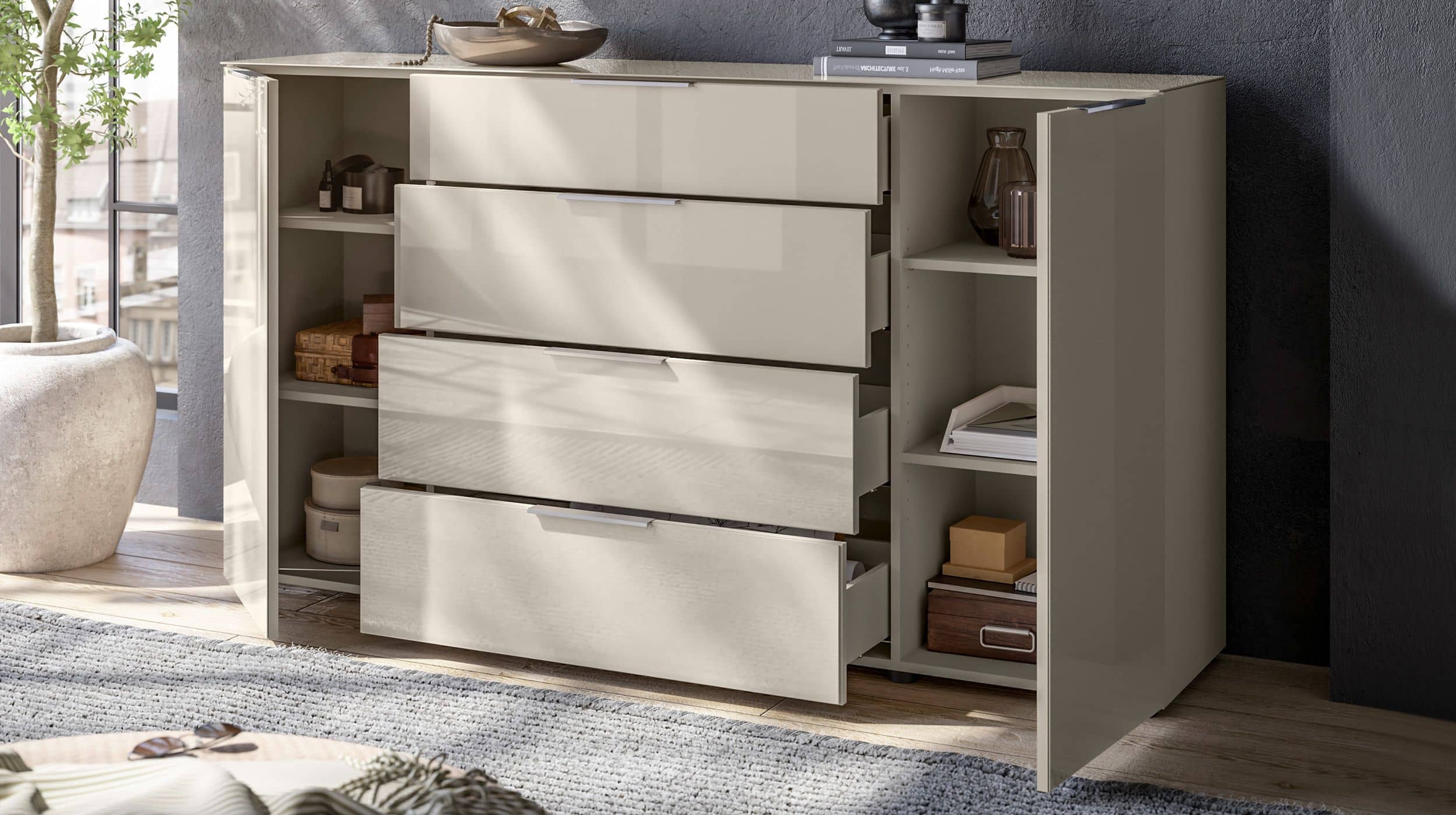 Sideboard 4 Schubladen - grau - Glasfront - 180 cm - SANTORIN