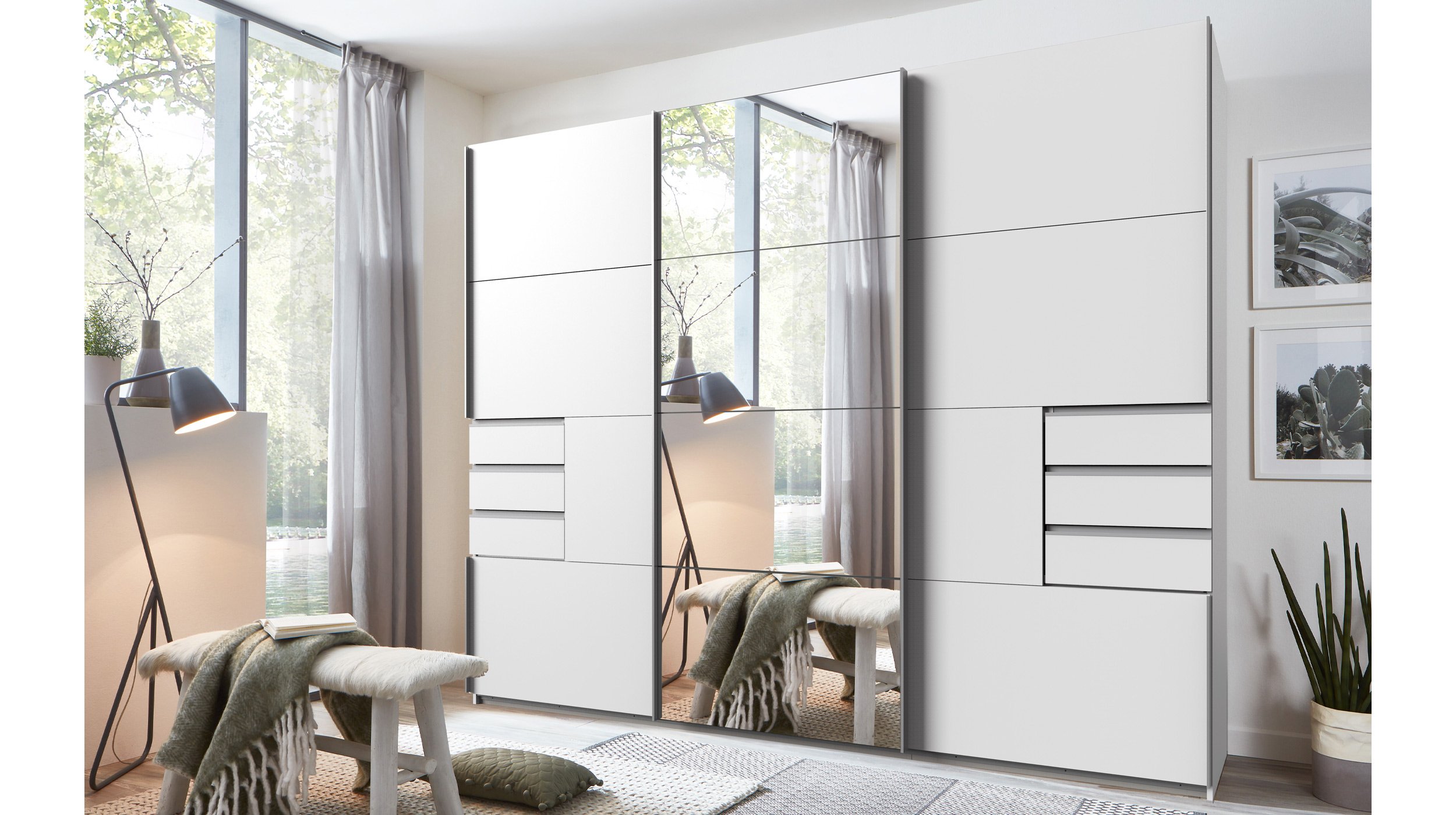 Schwebetürenschrank weiß mit Spiegel - 270 cm - SAIGON