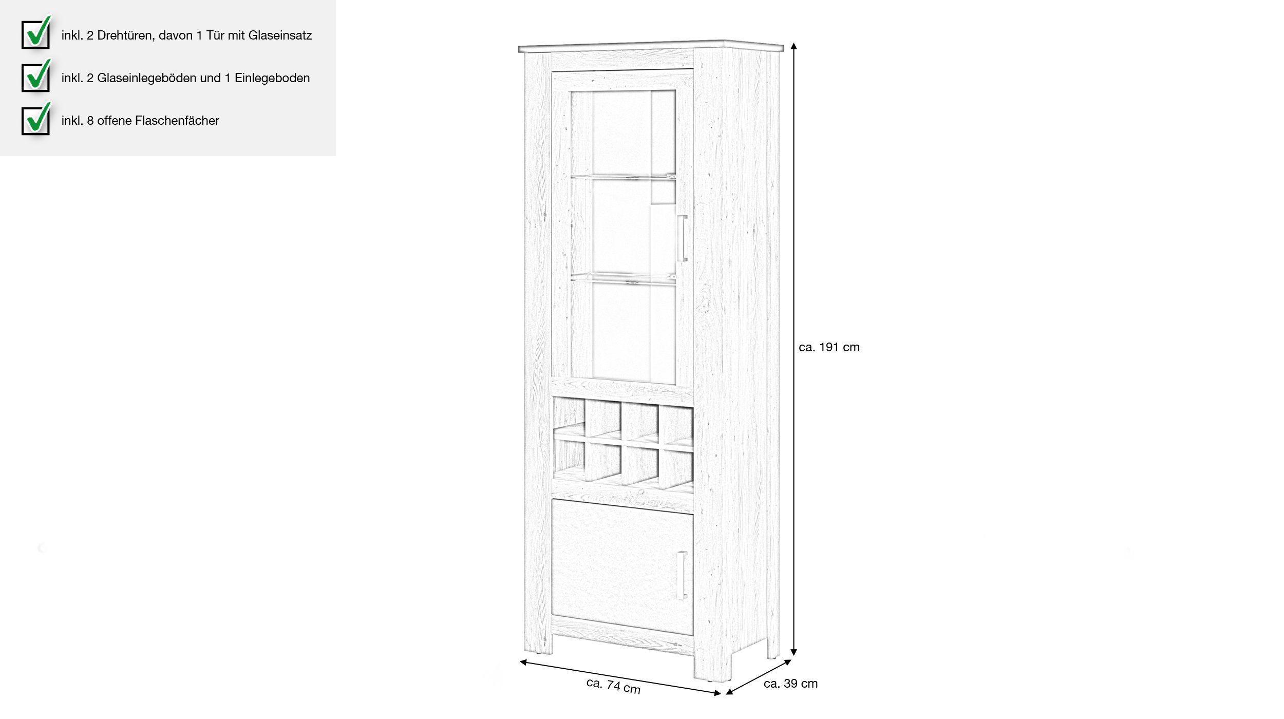 Vitrine mit Glastür Kastanie - grau Breite 74 cm - RAPALLO