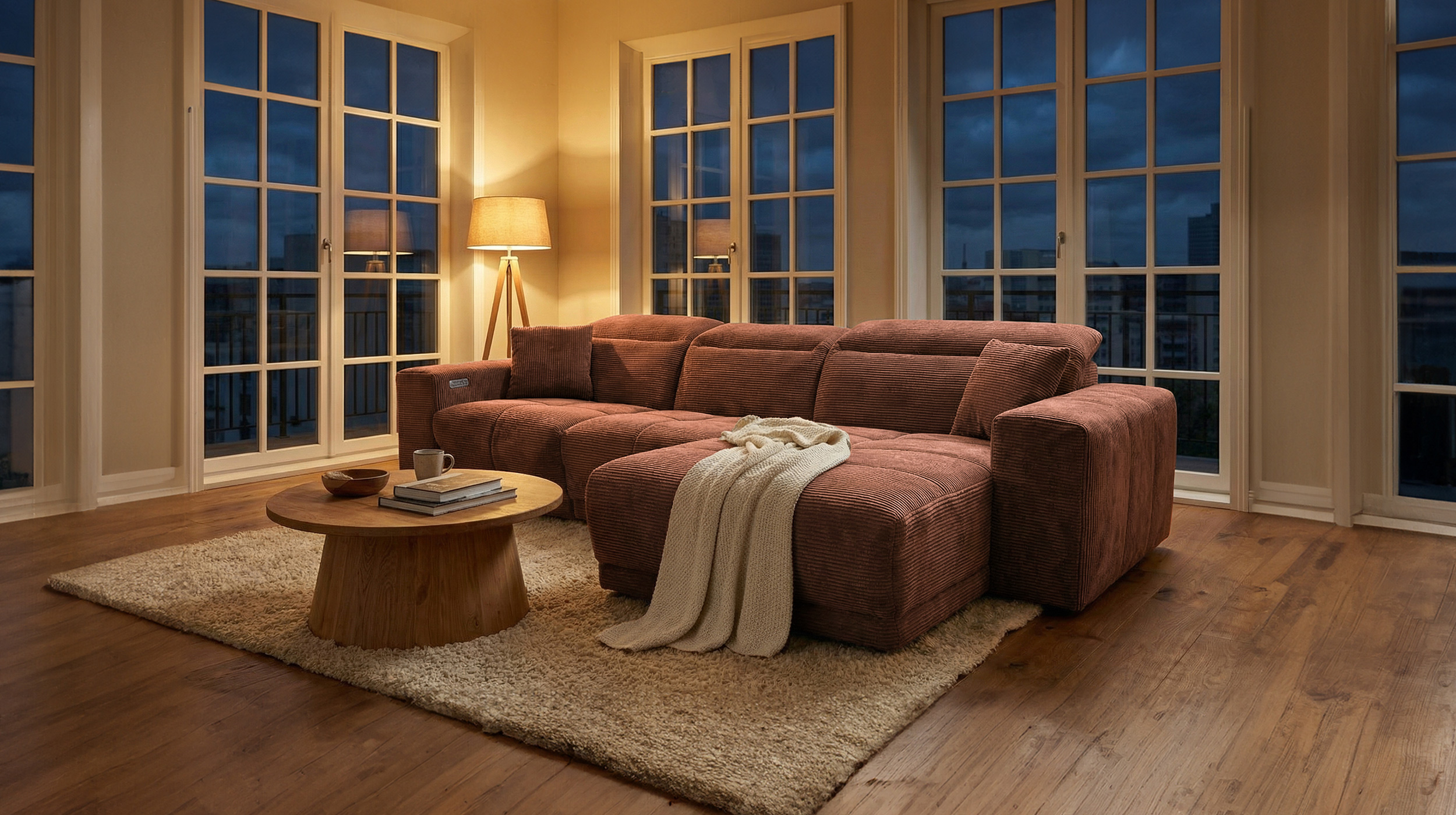 Ecksofa Cord rost 302 x 167 cm mit Relaxfunktion - OT rechts - TONI