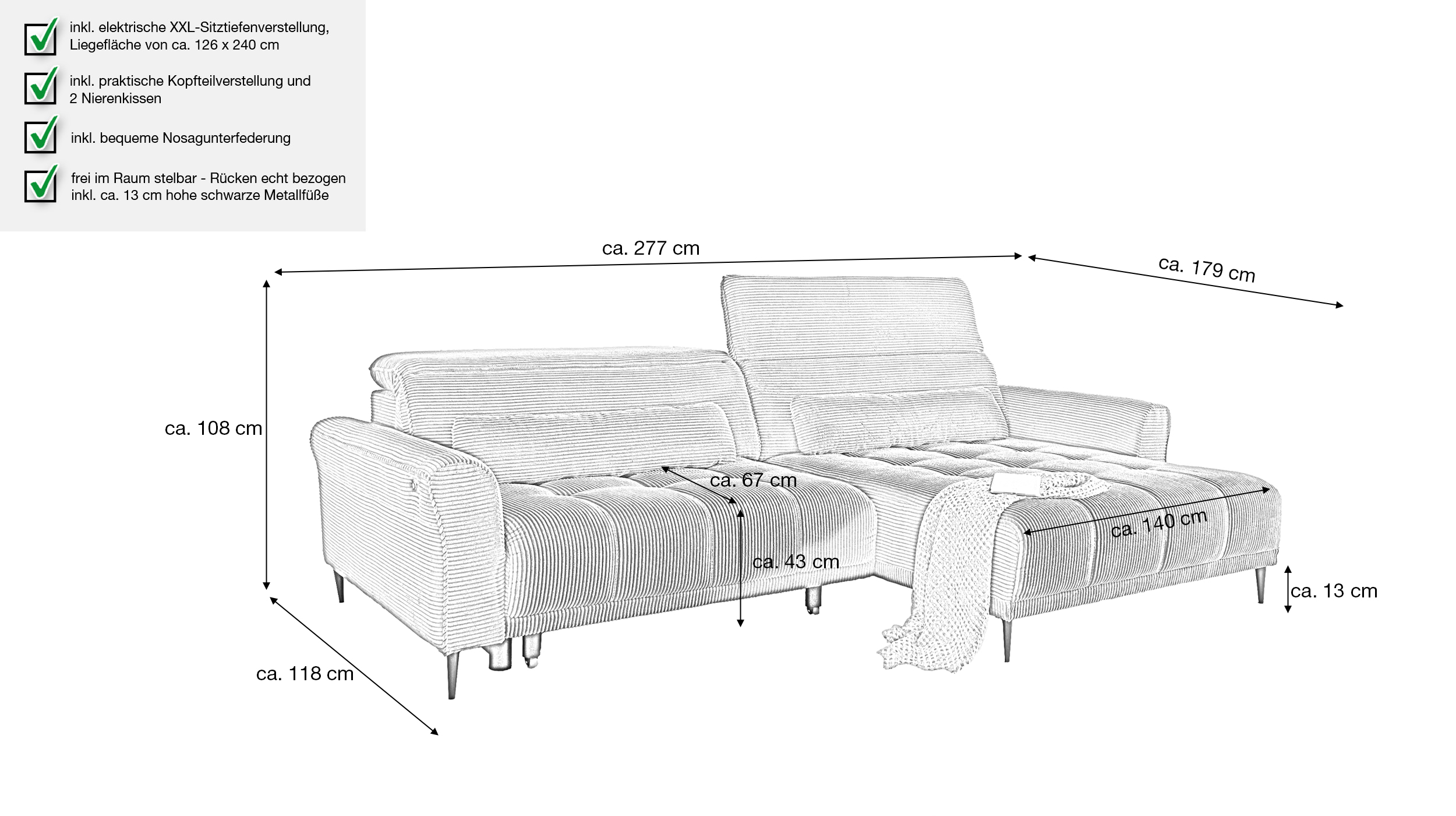 Ecksofa Cord grün ausziehbar - Sitztiefenverstellung - 277 cm - OT rechts - LOGAN