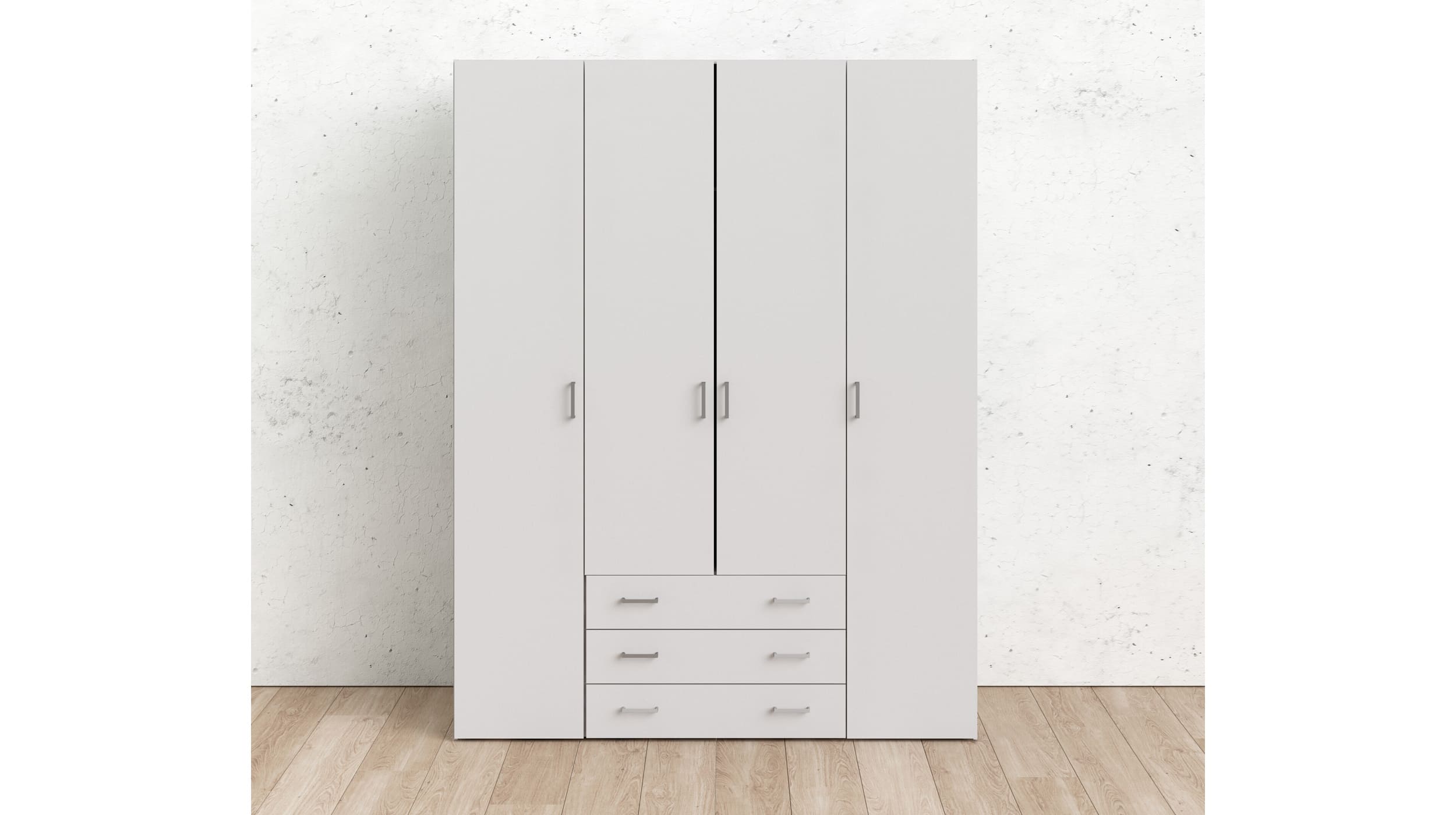 Kleiderschrank mit 3 Schubladen 4-türig weiß 154 cm - SPACE