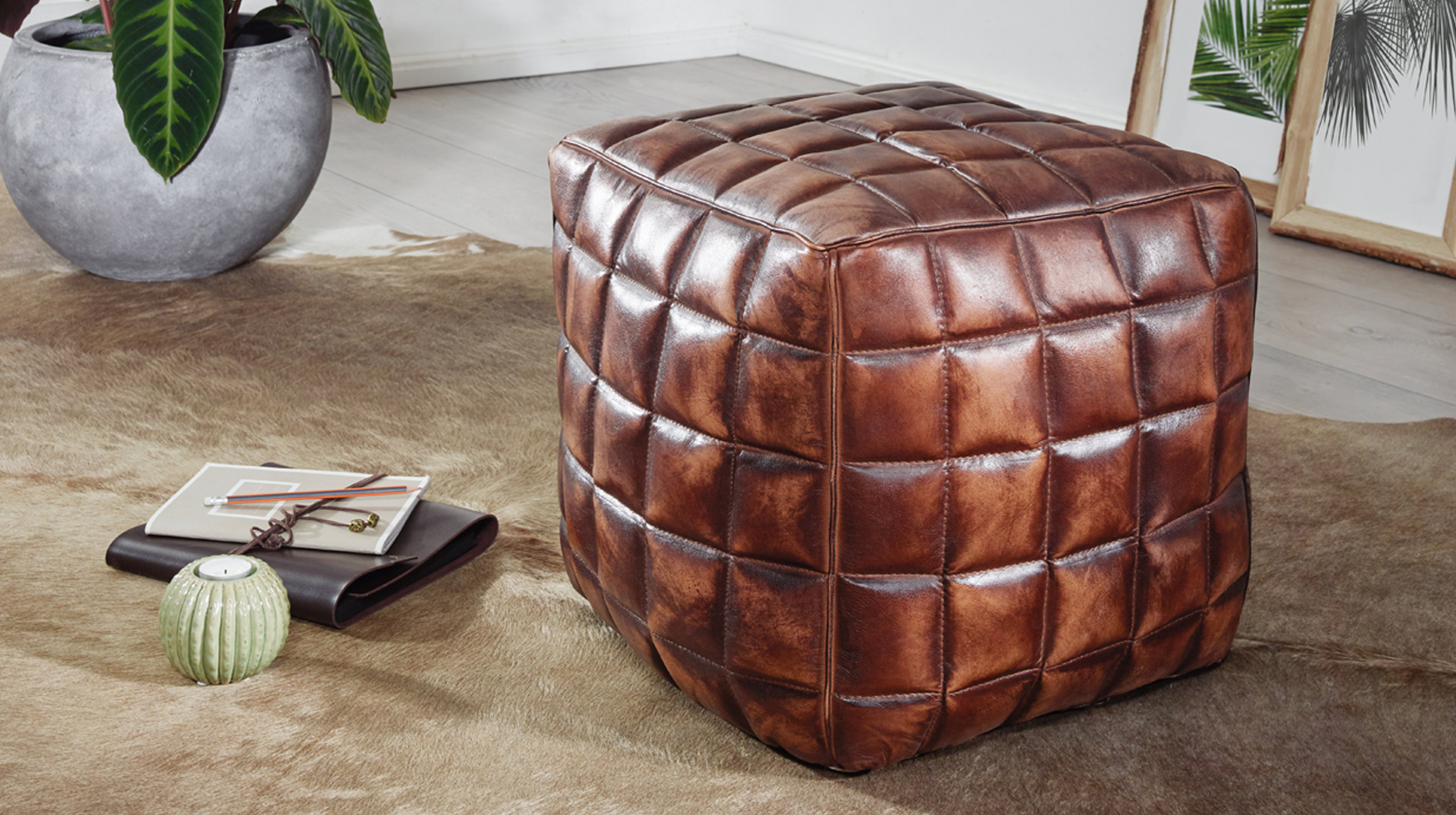 Sitz- & Fußhocker Echtleder braun - YLVA 