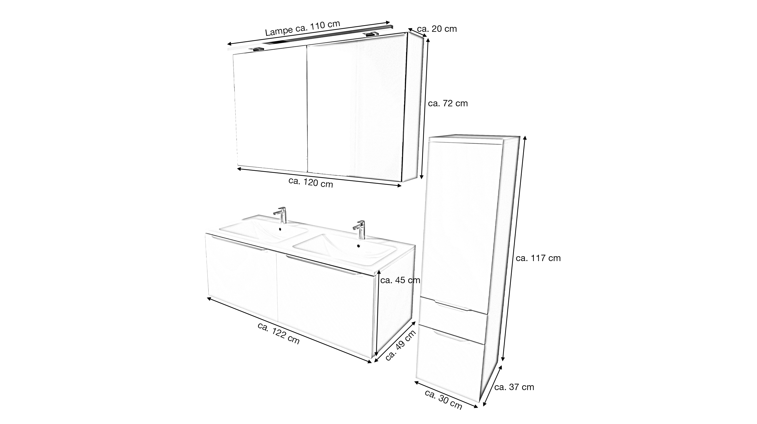Badmöbel-Set weiß matt - 3 Teile mit HS - Waschtisch 121 cm - SANTANA