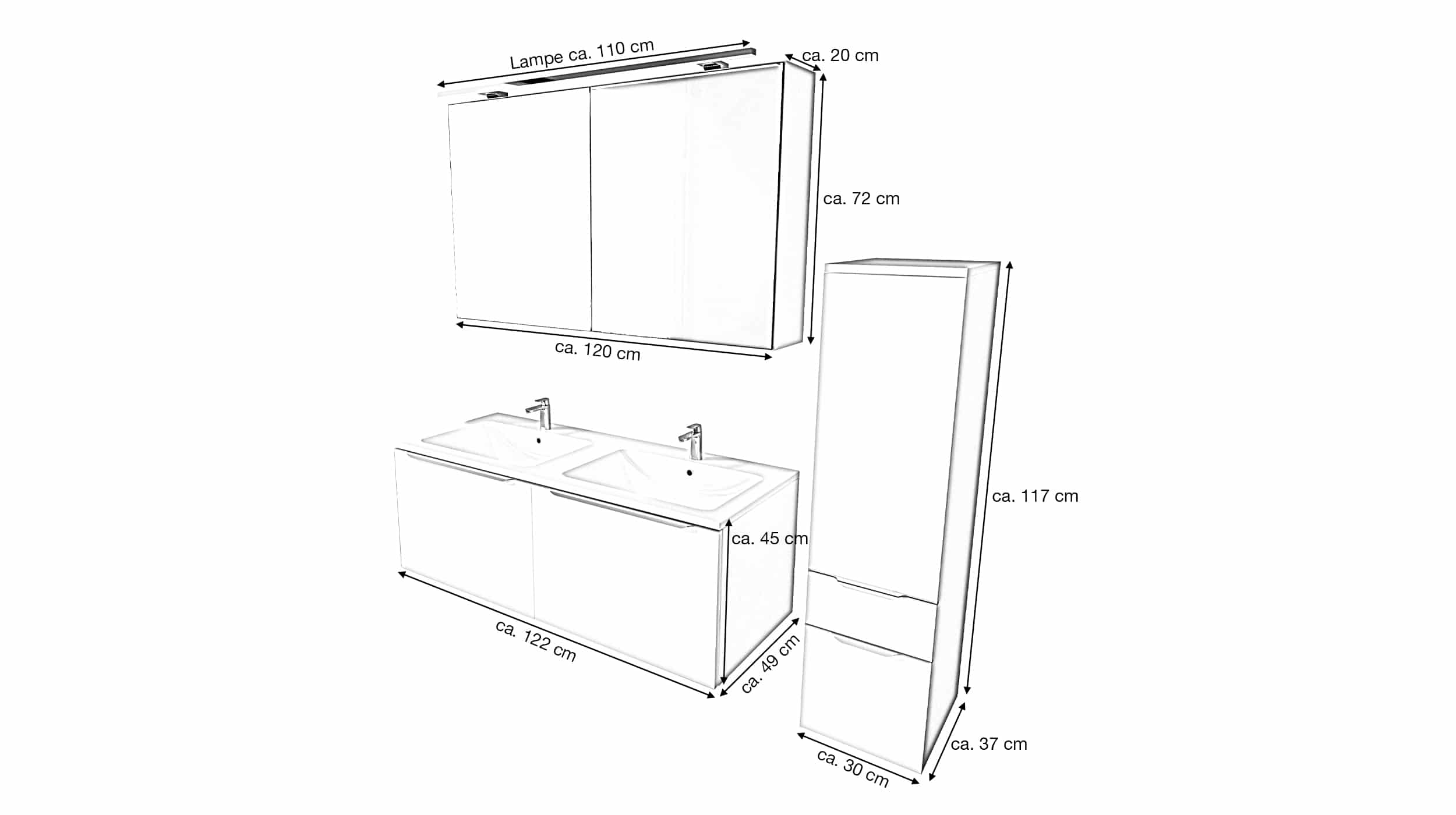 Nobilia Badmöbelset Alpinweiss matt - 3-tlg - Waschplatz 121 cm - SANTANA