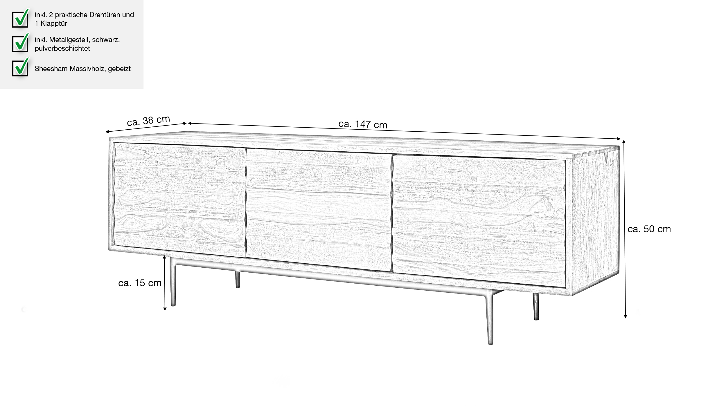 TV-Lowboard Sheesham massiv gebeizt 147 cm - TV-Board - RISA