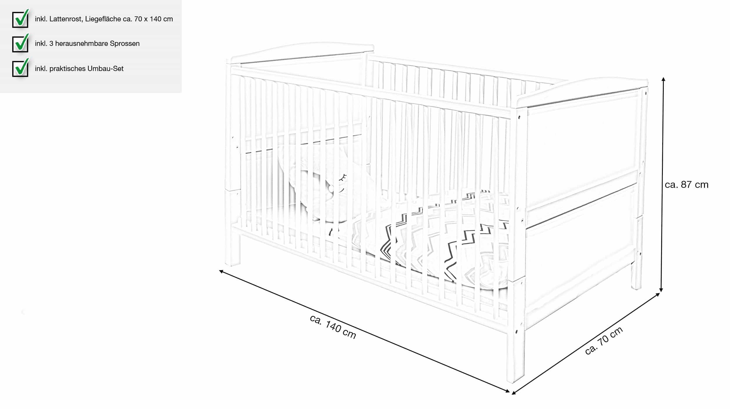 Kinderbett Babybett 70 x 140 cm weiß massive Kiefer - COSIMA
